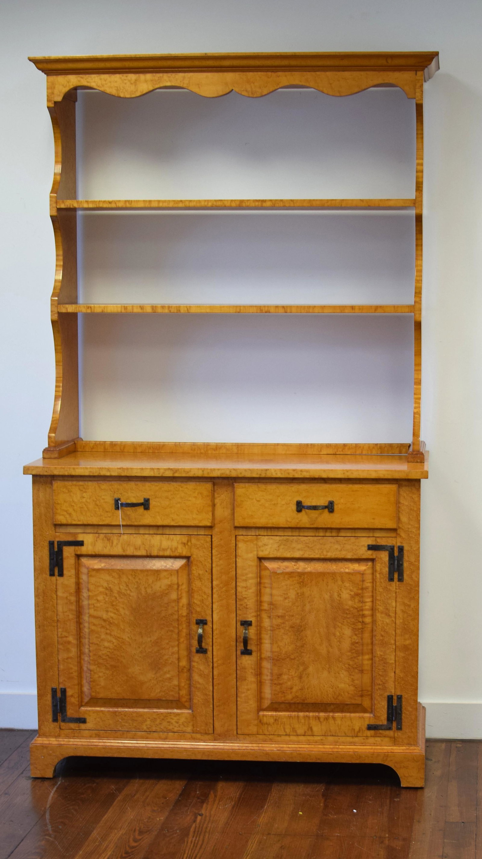 BIRDSEYE MAPLE BUSSOLINI BROS COLONIAL HUTCH: Ca 1940-1960s. Bussolini Brothers furniture Quincy Ma. Two Construction. Signed on sides on drawers. 81 inches tall x 44 1/2 inches wide. Top used to have back. Good condition