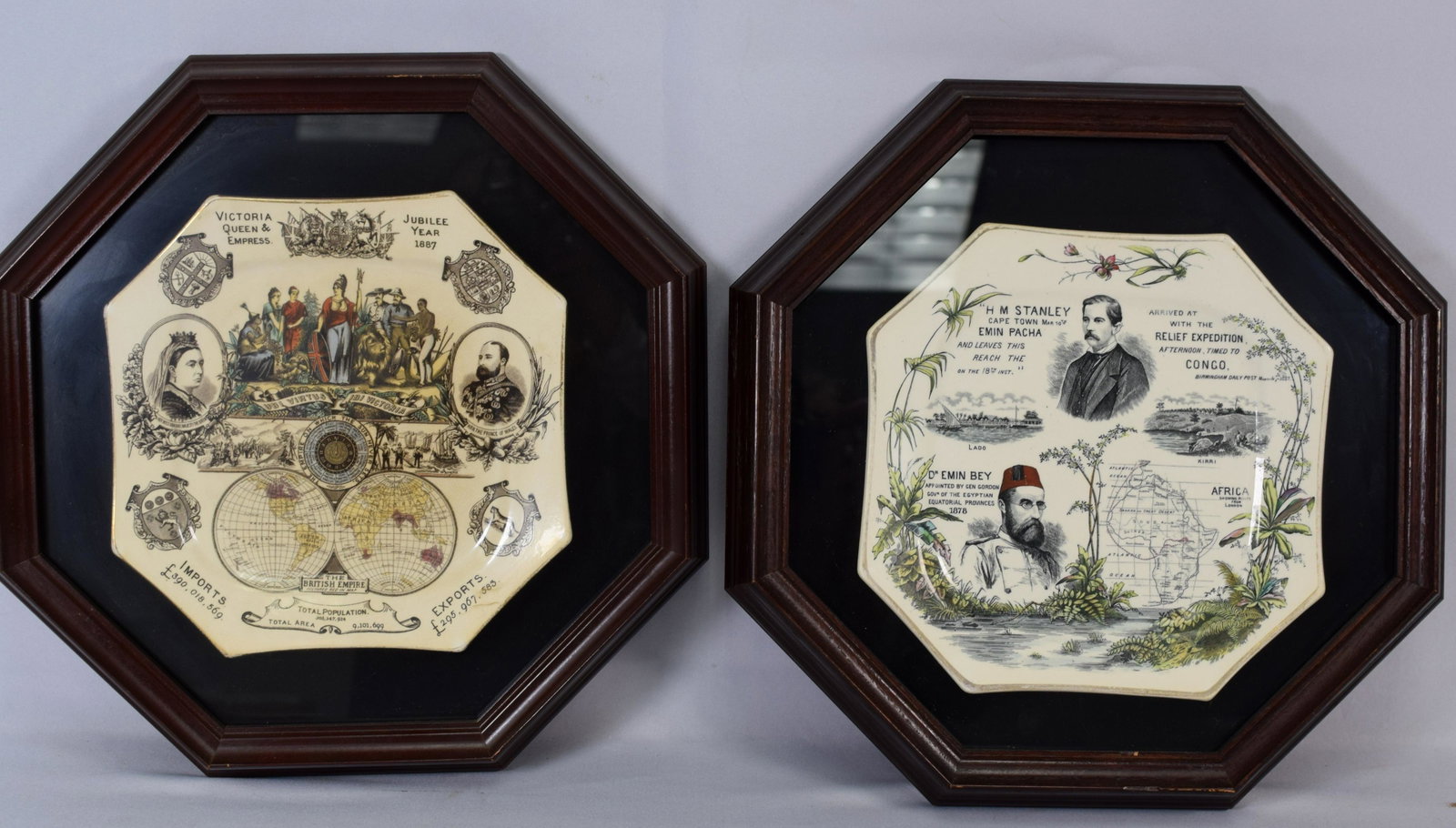 (2) EMIN PASHA RELIEF EXPEDITION PLATES: Octagonal earthenware plate, transfer printed and hand coloured with designs commemorating the Emin Pasha Relief Expedition of 1887. At the top a portrait of H.M. Stanley, at lower left a portrait of 