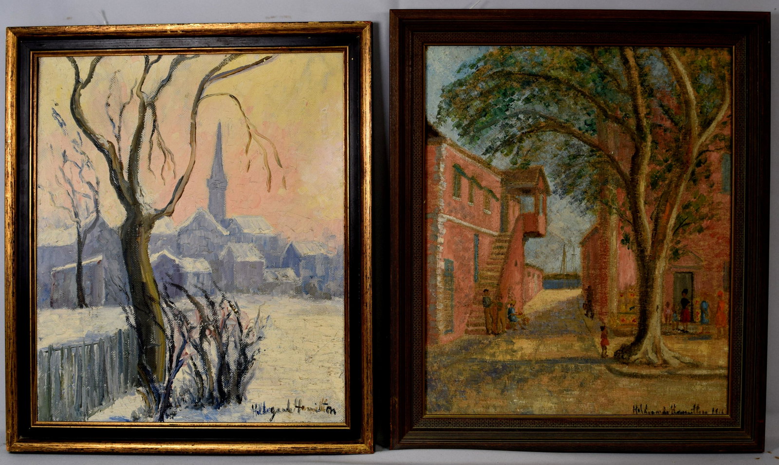 2 FRAMED OIL PAINTINGS BY HILDEGARDE HUME HAMILTON: 2 framed oil paintings by Florida artist Hildegarde Hamilton (1898-1970) One is of a Church in Lexington, Kentucky and the other is a Ft. Lauderdale street scene. Both are signed, datedand located. Bo