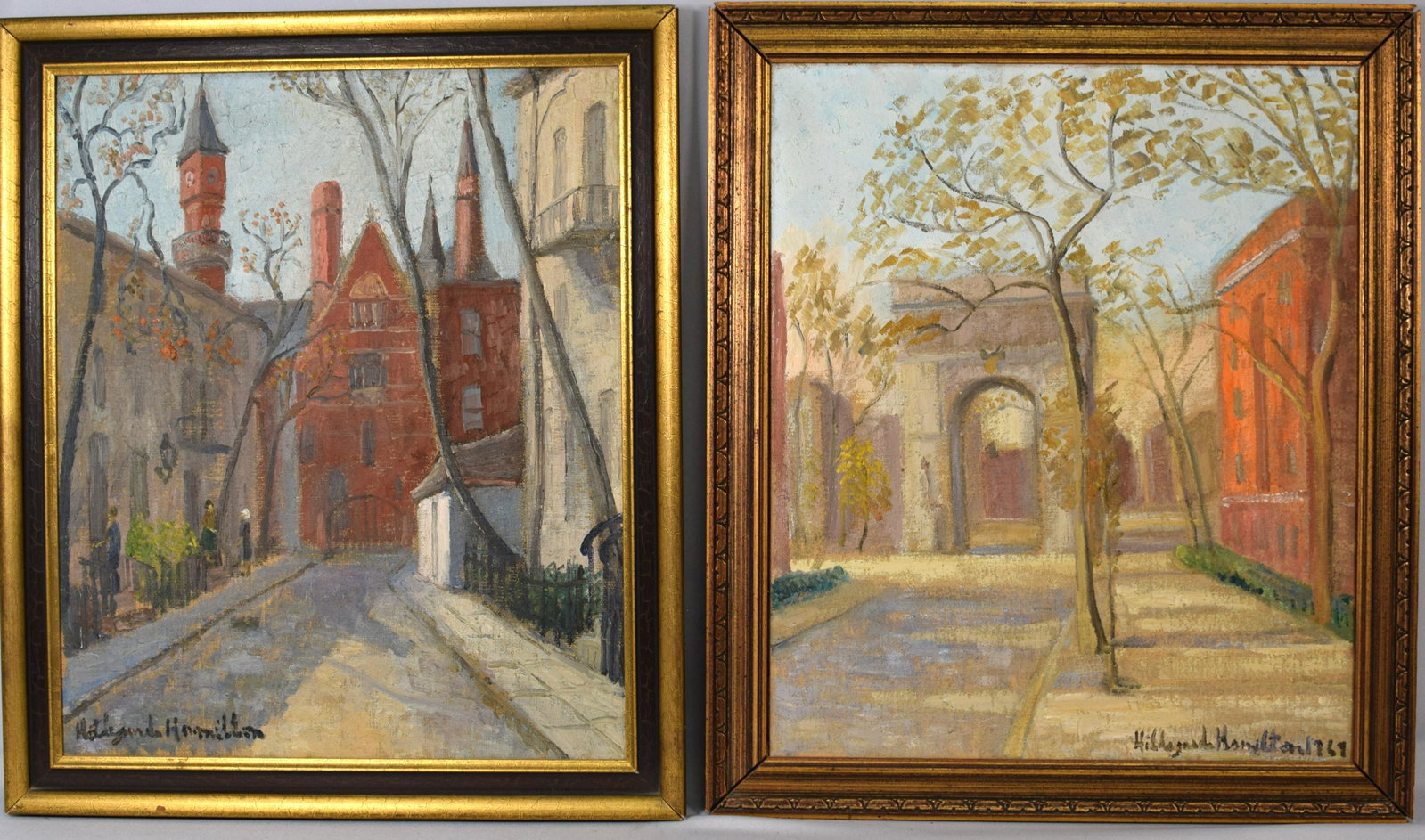 PR STREET SCENE OOC BY HILDEGARDE HUME HAMILTON: This lot is made up of 2 oil paintings by Florida artist Hildegarde Hume Hamilton (1898-1970). Both are signed and dated, one is located Patchin Place, W.10th near 16th (Greenwich Village). Bothmeasur