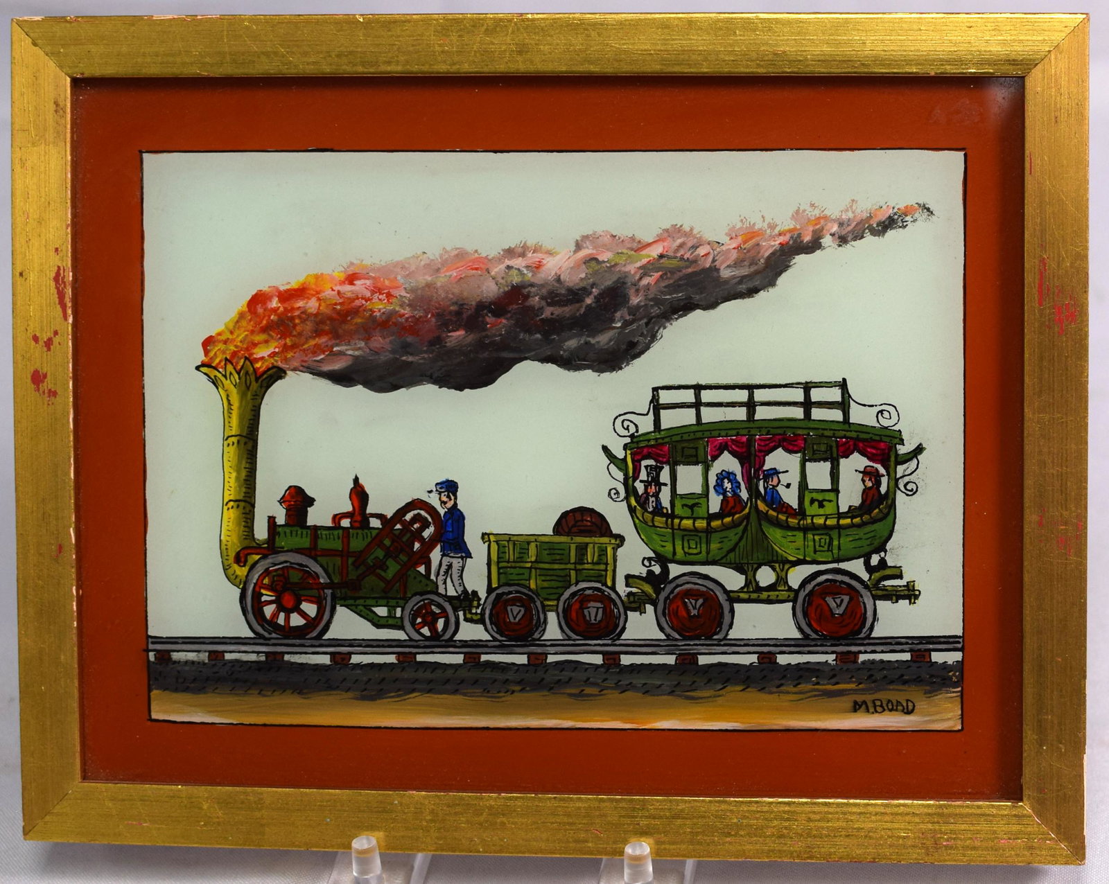 MILTON BOND (1918-2010) REVERSE PAINTING ON GLASS: Bicycle Built For Three, folk art reverse painting on glass by Milton Bond (New York / Connecticut, 1918 - 2010), signed lower left and dated 1972 on verso. Image approx. 9 1/4 x 7 1/4. Frame 10 1/2x 