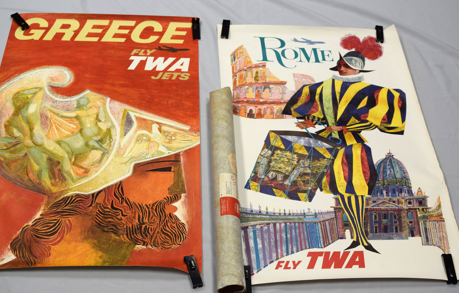 1960'S TWA TRAVEL POSTERS DAVID KLEIN ROME GREECE: David Klein (American, 1918-2005). Greece, FLY TWA Jets. c.1960. Original vintage travel poster. Sheet: 40 x 25 inches 2) David Klein Rome TWA poster, c. 1960 still rolled, never been used.wrinkling a