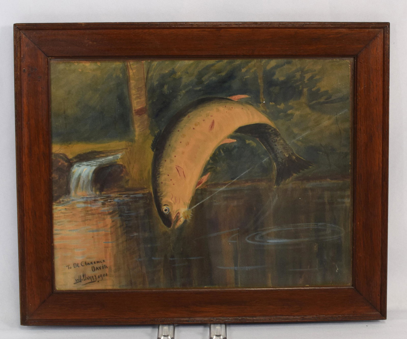 WILLIAM GURRY FOLK ART TROUT PAINTING: William Gurry 19th/20th century American listed artist. Presentation to Dr. Clarence Davis and signed and dated lower left corner. Original frame leaping brook trout. Watercolor on paper.Image 13 inch