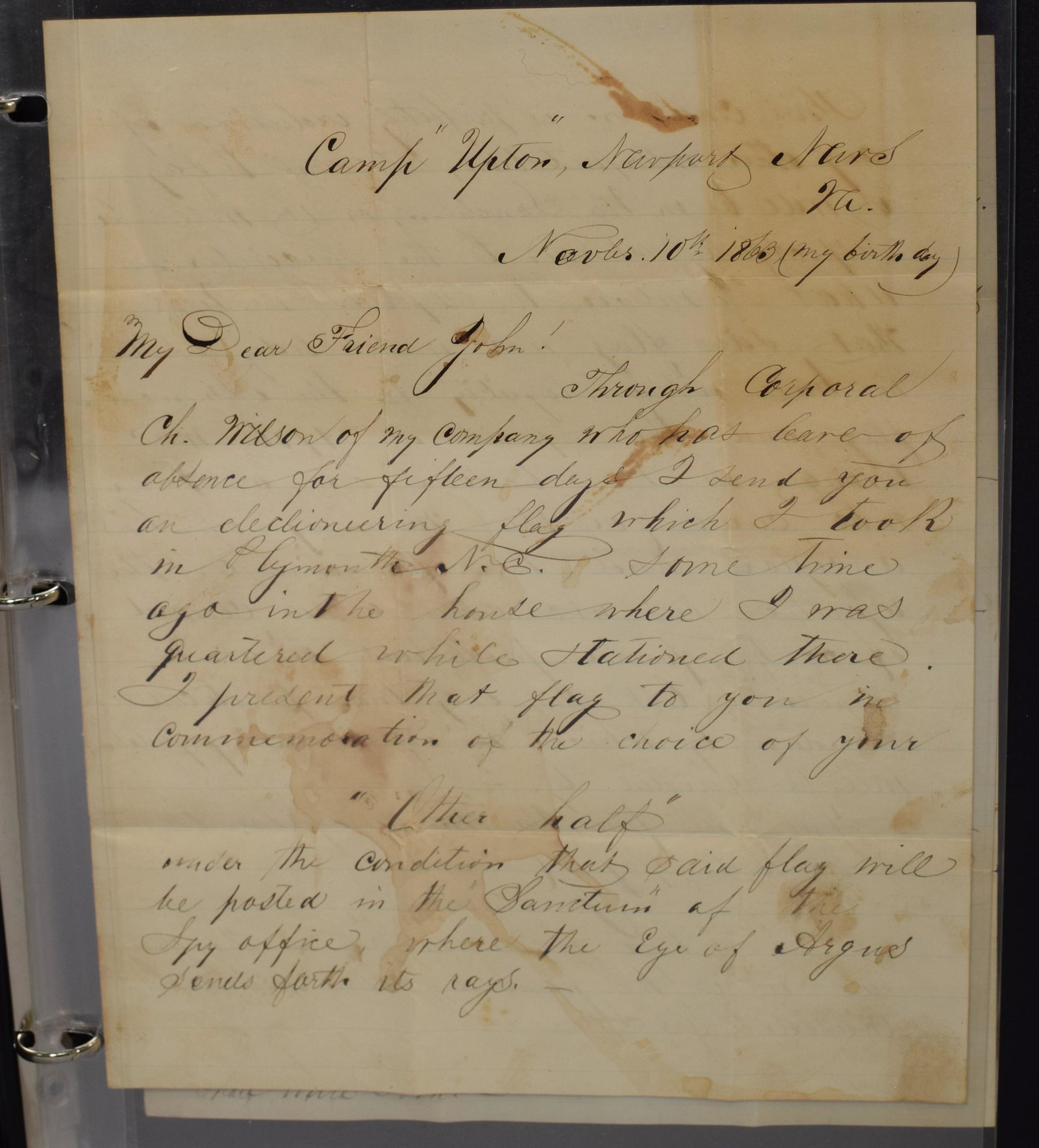 1863 CIVIL WAR LETTER OF CAPTURED FLAG FROM SPY: Hand written Civil War letter. Captue of 1776 American revolutionary flag from Spy house J. Stirbs. 2 page letter by Capt. Louis Wageley New York Infantry. Letters starts Camp Upton November 10th 1863