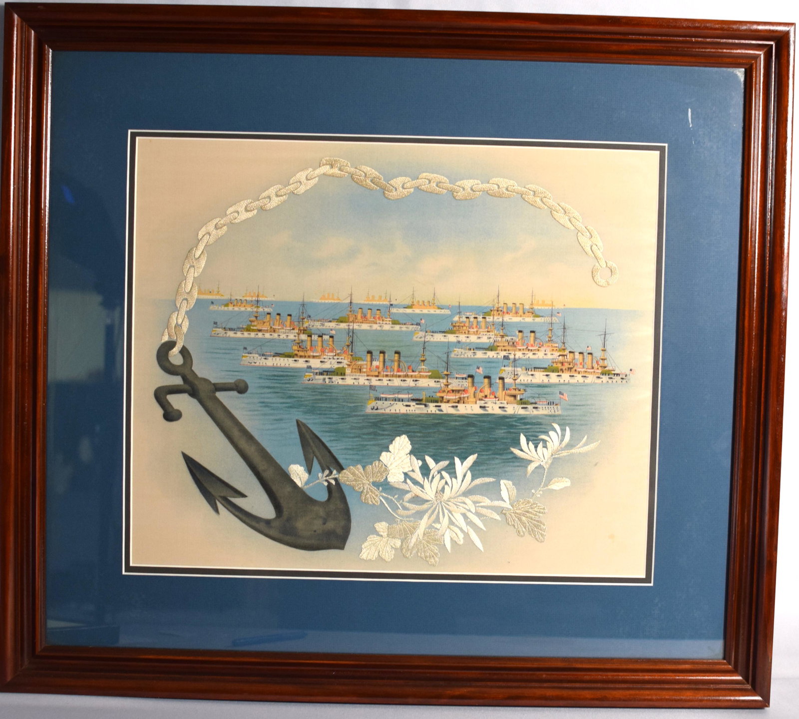 1907-09 WHITE FLEET EMBROIDERY PRINT ON SILK: Rare White fleet print with embroidered anchor and floral accents with fleet sailing into Japan 1907-1909. Frame under glass. Image 17 inches x 14 inches. Frame 26 inches x 23 inches. Goodcondition.