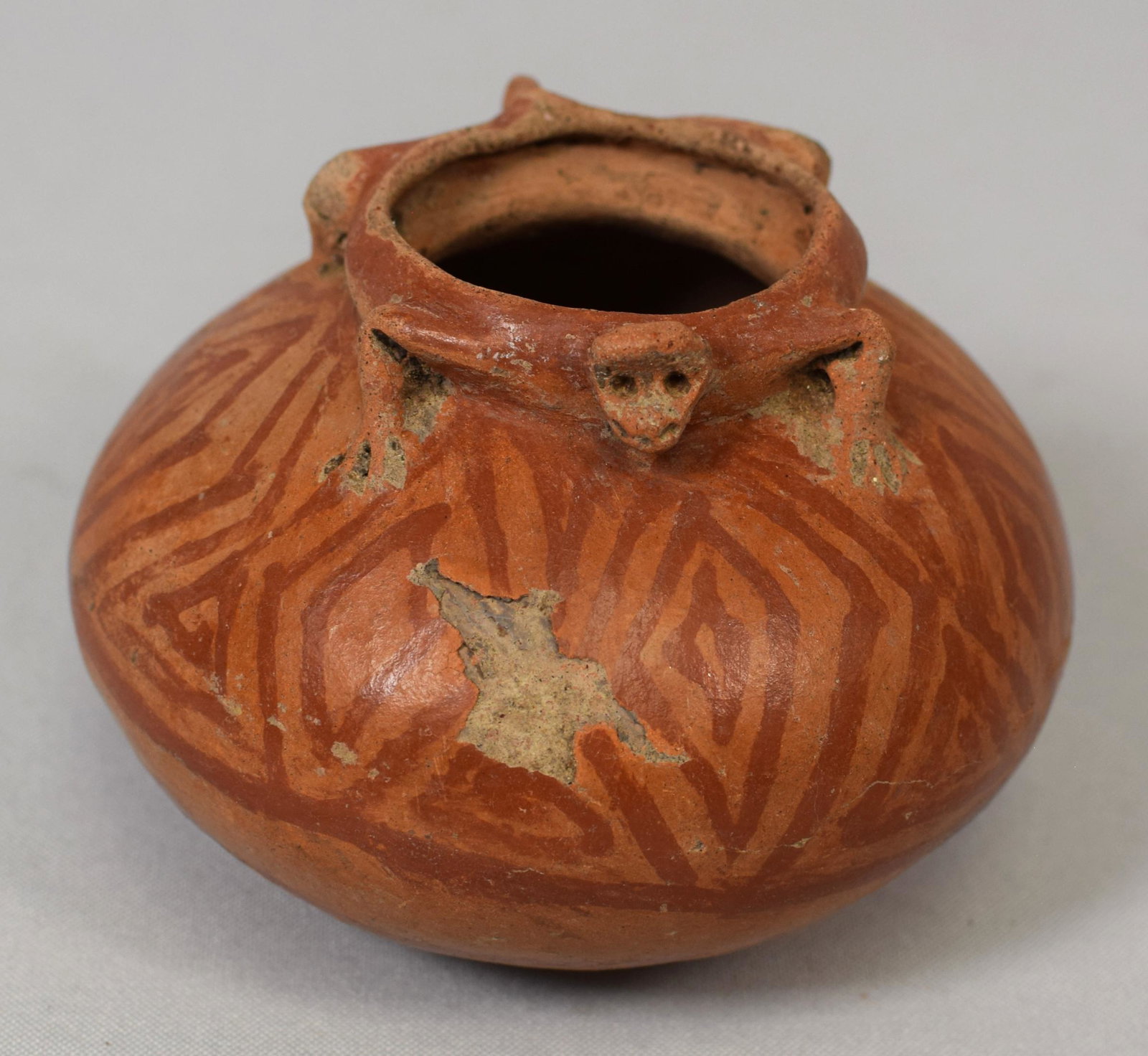 PRE-COLUMBIAN MAYAN EFFIGY POTTERY VESSEL:: Glazed and patterned. Figure of a monkey or lizard. Measures approximately 3 1/2 inches tall x 44 inches wide. Some loss to glaze.
