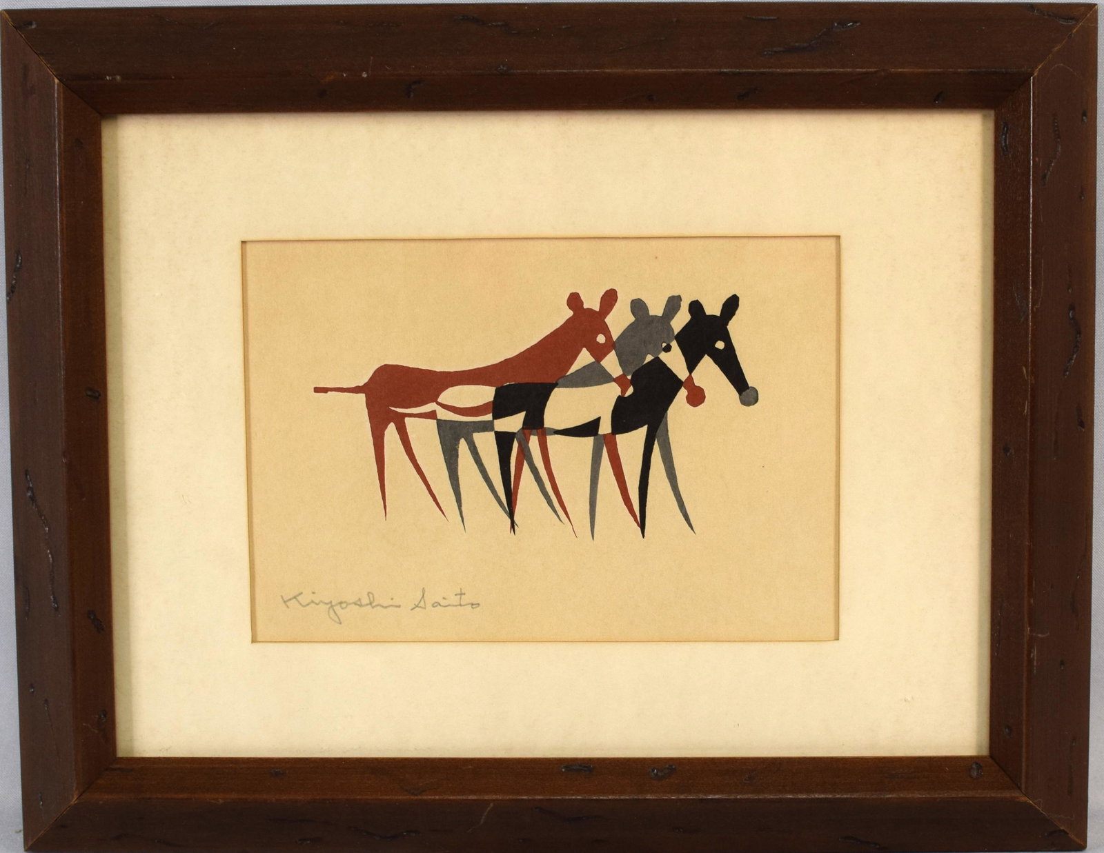 KIYOSHI SAITO THREE HORSES SIGNED WOODBLOCK: Japanese master printmaker Kiyoshi Saito (1907-1997). Framed under glass. Signed in pencil at lower left. Frame 14 inches x 11 inches. Good condition.