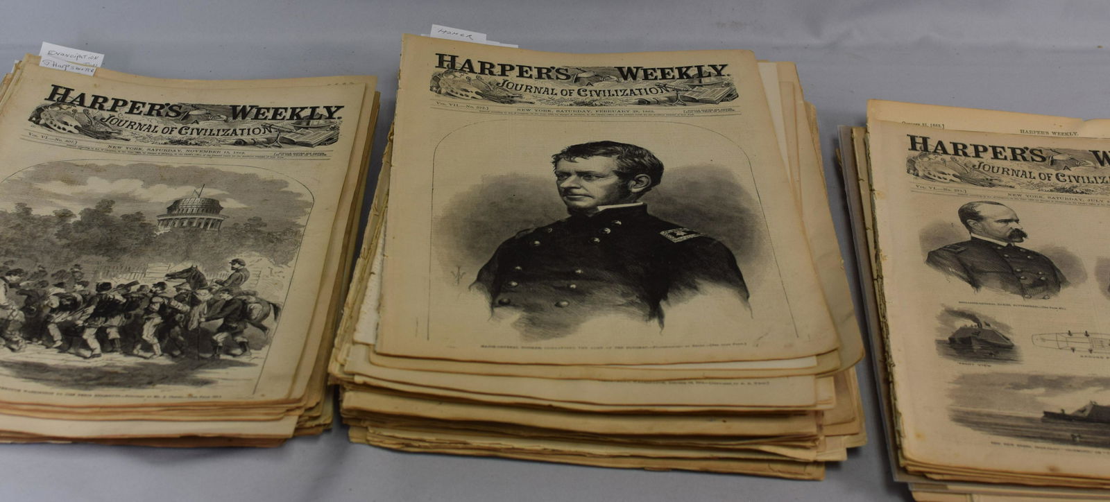 70+ CIVIL WAR HARPERS WEEKLY NEWSPAPER: Great collection of Civil War Harpers Weekly Newspaper. All clean, no dirt, and complete. The group of issues including THE SHARPHOOTER and other famous Homer Winslow and Thomas Nast thatincludes in t