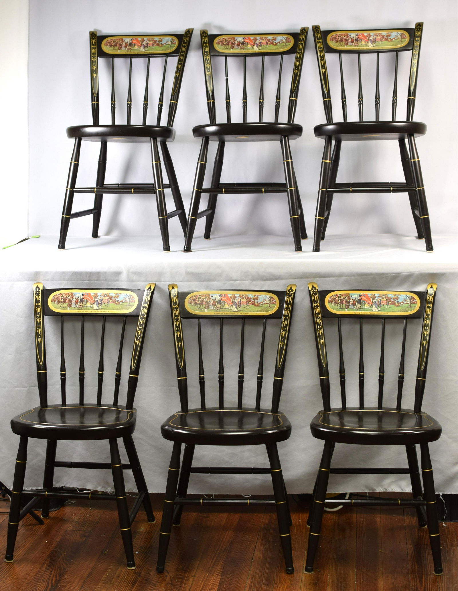 SET OF (6) NICHOLS & STONE HITCHCOCK CHAIRS: Ca 1974 bicentennial commemorative Taunton Mass.Raising of the flag set of hand painted stencil and decal backs painted black chairs by Nichols and Stone. Beautiful vintage Nichols andStone black and