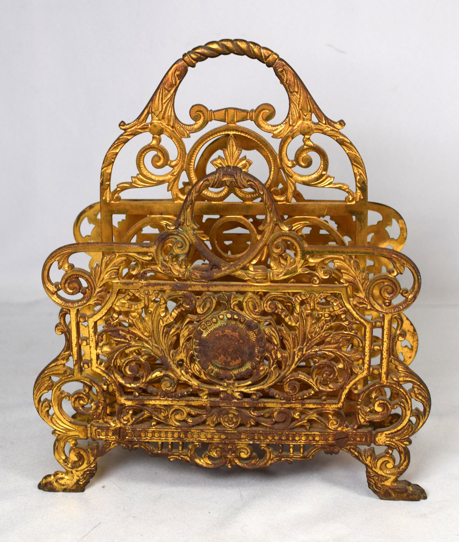 BRASS BRADLEY & HUBBARD LETTER HOLDER: Fancy ornate letter holder. Signed and numbered on base. B & H 3572. 12 inches tall x 10 inches wide. Good condition.