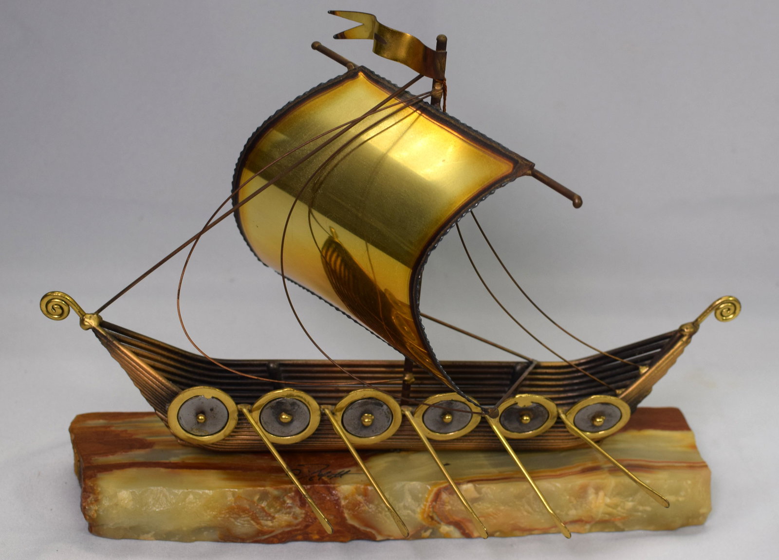 JOHN DeMOTT  BRASS & ONYX VIKING SHIP SCULTURE (1 of 2)