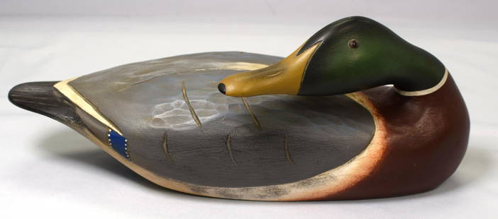 SIGNED HANK WALKER MALLARD DUCK DECOY: Signed on bottom Hank Walker Newbury Mass. 16 inches long. Hand painted and hand carved. Good condition.