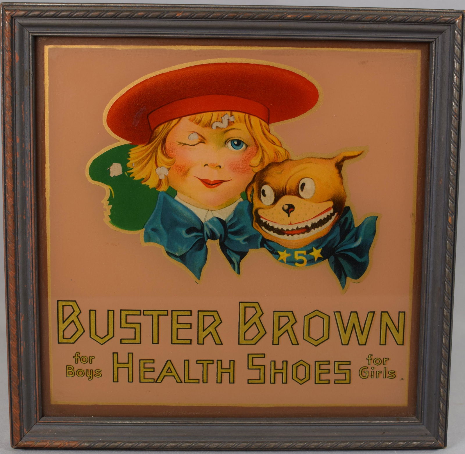 1920s  SCARCE BUSTER BROWN SHOE GLASS AD SIGN (1 of 2)