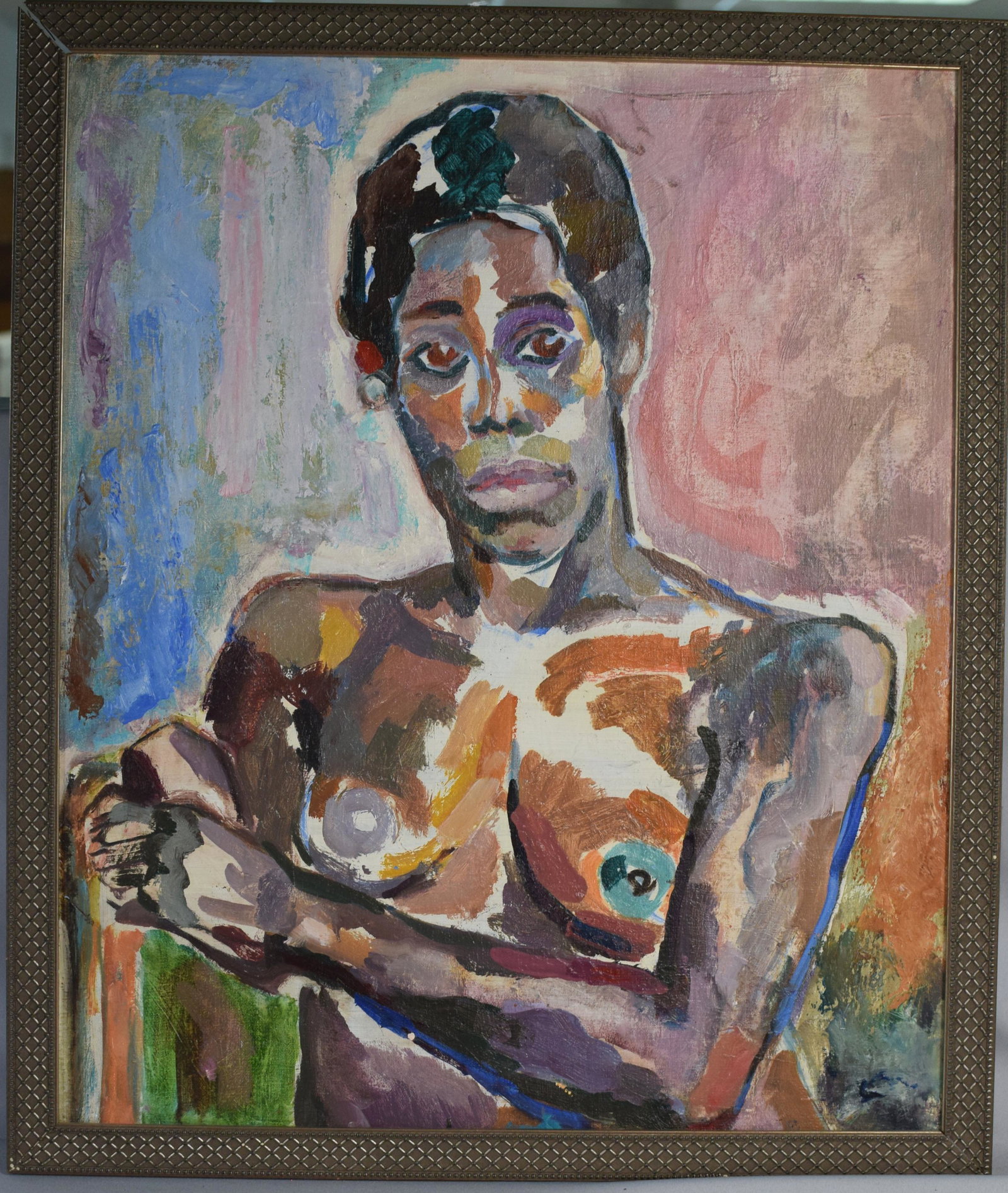 WINIFRED CARSON OIL PAINTING: Oil on board. Image 20 inches x 30 inches. Framed 22 x 26 inches. Marked on back. Nude figure.