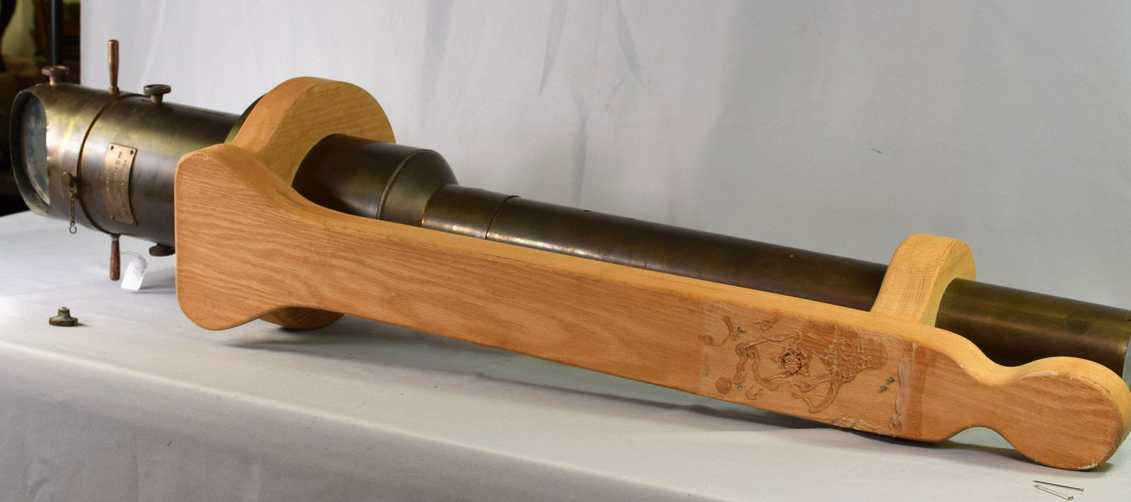 MKII BRASS PROJECTOR BINNACLE: Large 58 inches mounted with custom wall mount kelvin and hughes MKII projector binnacle. Serial number #934. Good condition. One knob needs to be attached.