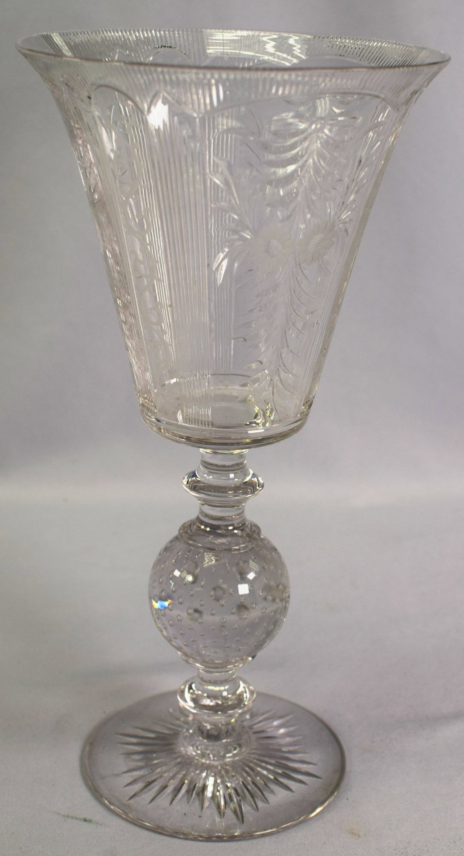 LARGE PAIRPOINT GLASS CHALICE RICHMOND DESIGN: 12 inches tall. Footed base with controlled bubble base and chalice top Excellent condition. No damage.