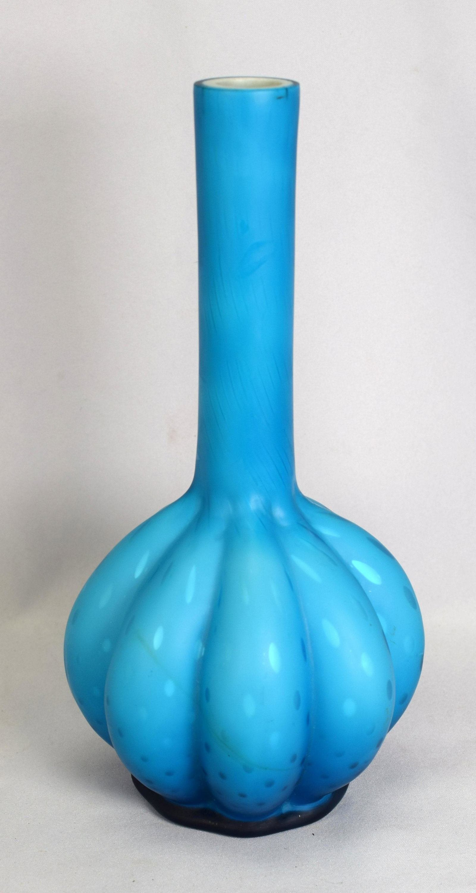 THOMAS WEBB SATIN GLASS RAINDROP VASE: Thomas Webb mother of pearl satin glass raindrop design vase in turquoise. Measures 12 inches tall. Good condition.