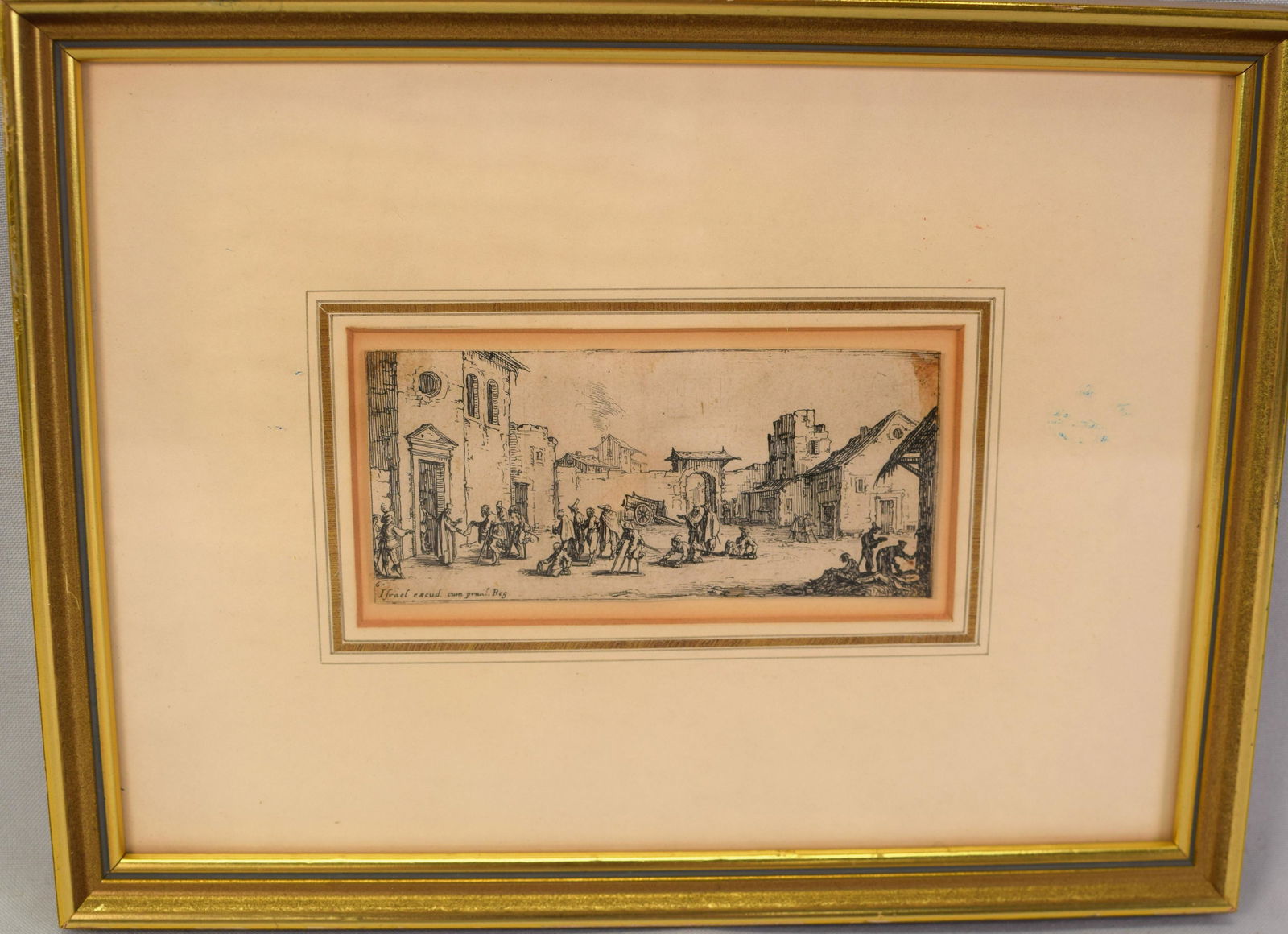 1636 JACQUES CALLOT THE SMALL MISERIES OF WAR ETCHING: Plate 6. Image 2 inches x 4 3/8 inches. Identified on back. published by Israël Henriet, Paris. Framed and matted under glass. Frame 7 1/2 inches x 9 1/2 inches. Good condition.
