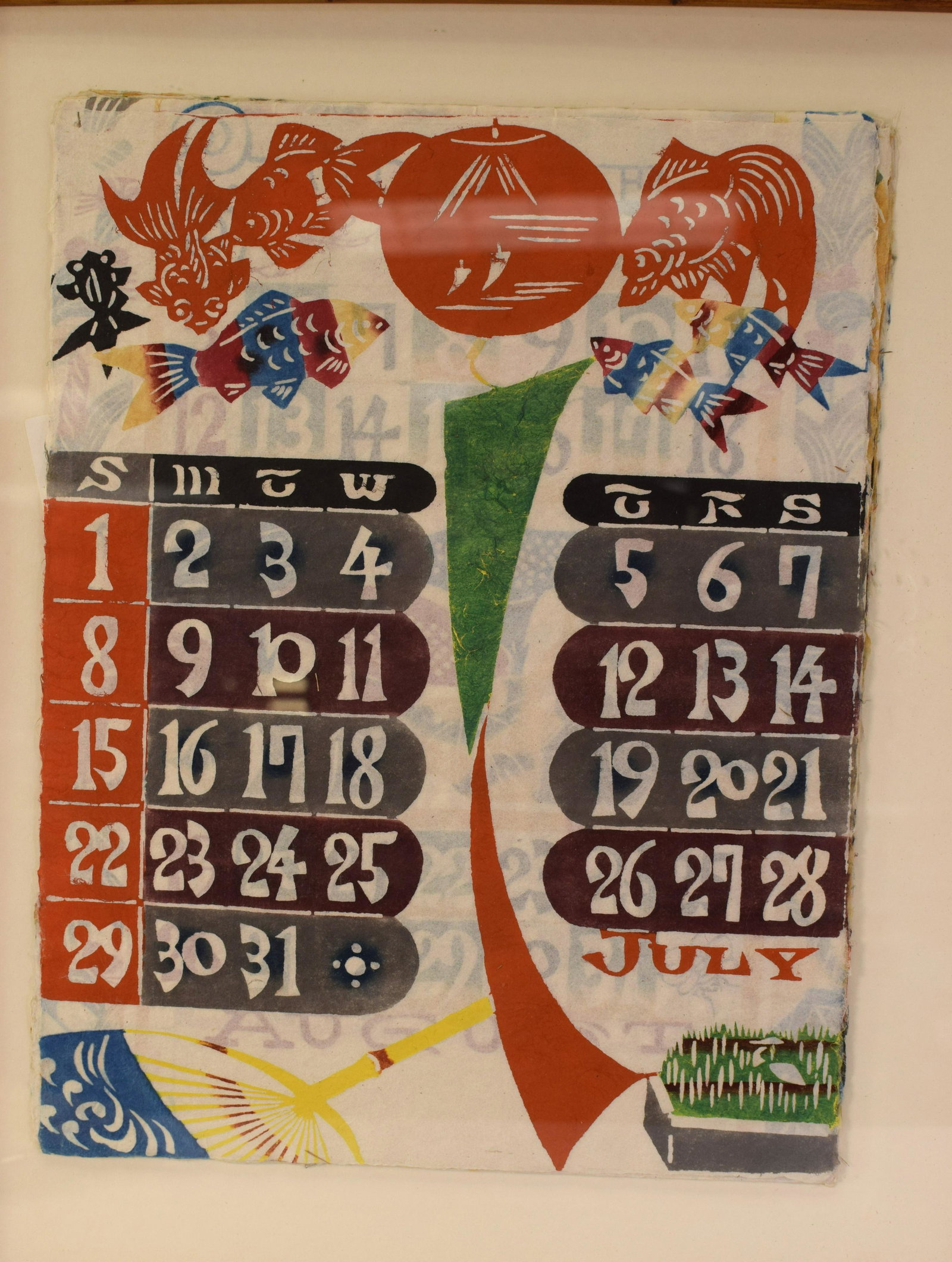 JAPANESE KEISUKE SERIZAWA RICE PAPER CALENDER: 1956 Complete. with the twelve months. Image 11 inches x 15 inches. Bright and colorful.