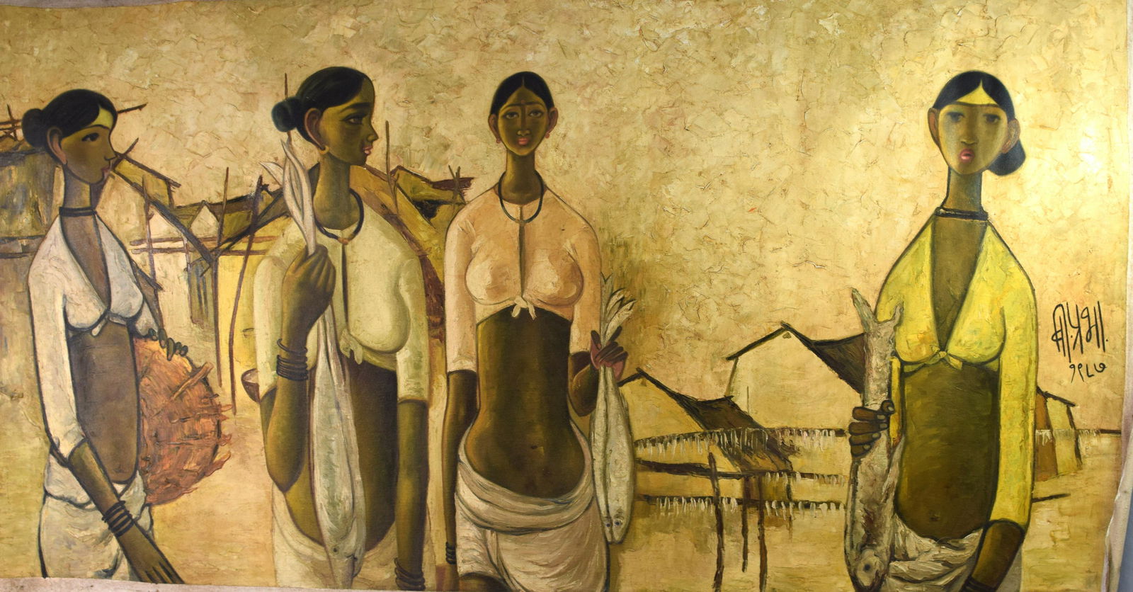LARGE B. PRABHA OIL CANVAS PAINTING: FISHERWOMEN: Large, unframed oil on canvas done by important Indian artist B. Prabha (India, 1933-2001). B. Prabha was one of the most important woman artist from Modern India, her work found perennial themein the