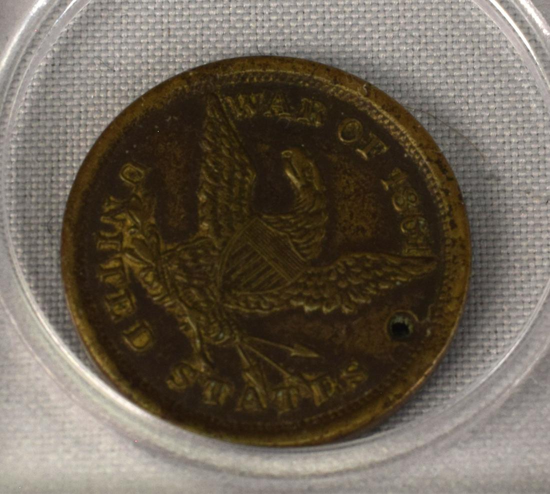 RARE CIVIL WAR UNION EAGLE DOG TAG: Marked on front eagle War of 1861. Identification mark on back Wm. Russell C.O.H. 14th REG NHV Chichester. Brass. 1 1/16 diameter. Circulated.