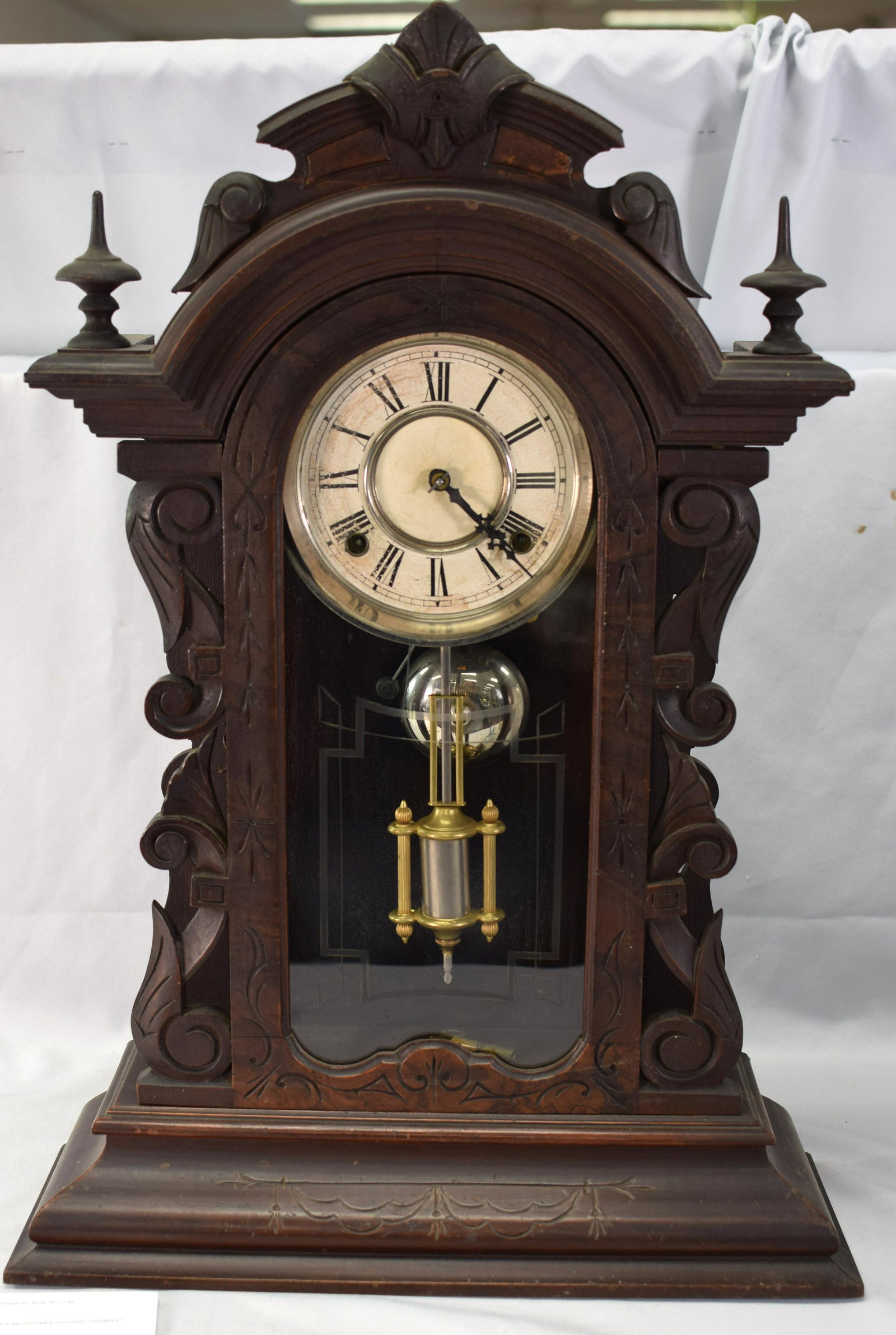 GEO. B. OWEN CARVED SHELF CLOCK: Late 19th century Victorian shelf clock by George B. Owen, Winstead, Conn. Winstead was the General manager of the Gilbert Clock Co. who also had a clock business of his own (1870-1880) then mergedwit