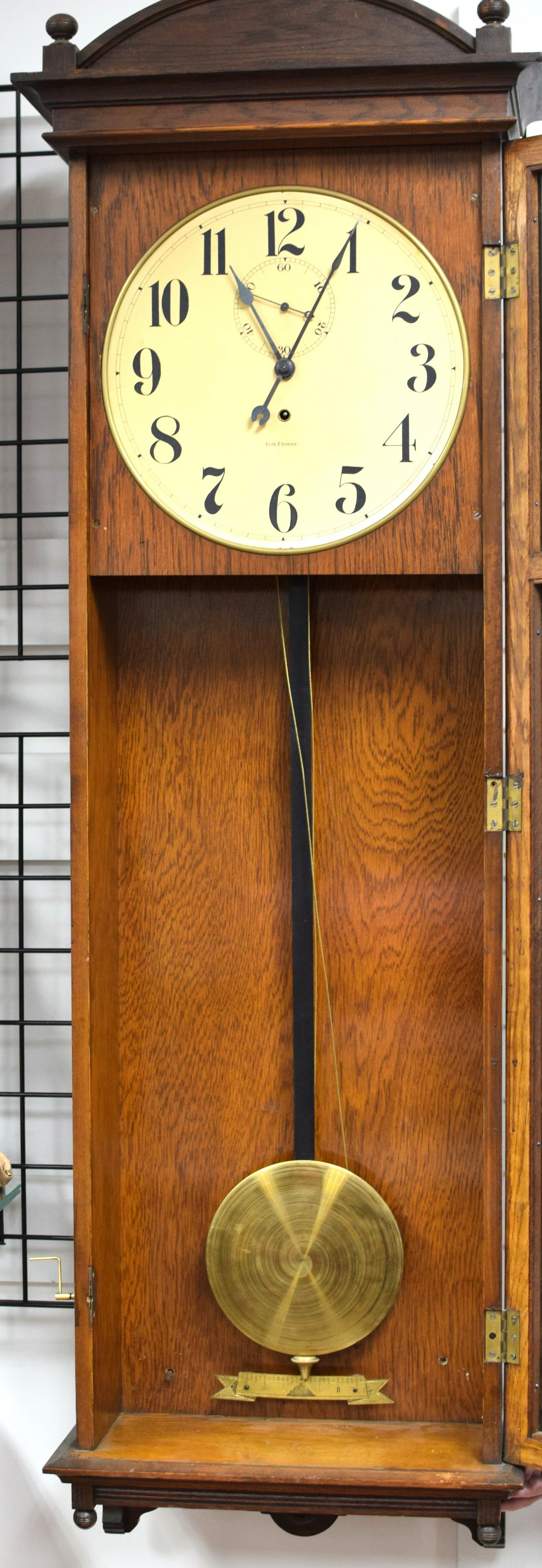 SETH THOMAS NO. 20 REGULATOR WALL CLOCK: Ca 1890/1900 Seth Thomas #20 Regulator Clock. This clock hung on the wall of the Bay State Spring Co., Boston, Massachusetts since the early 1900's. Oak case, painted dial with Arabic numerals.Eight d