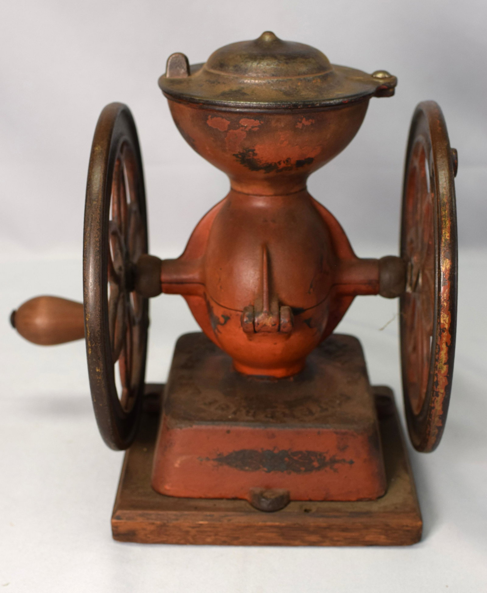 19TH RARE ENTERPRISE No.2 CAST IRON COFFEE GRINDER: Rare countertop all original red paint and condition Enterprise No. 2 countertop cast iron coffee grinder, wheel diameter 7 1/2 inches, ht 10 1/2 inches. Good condition all original.