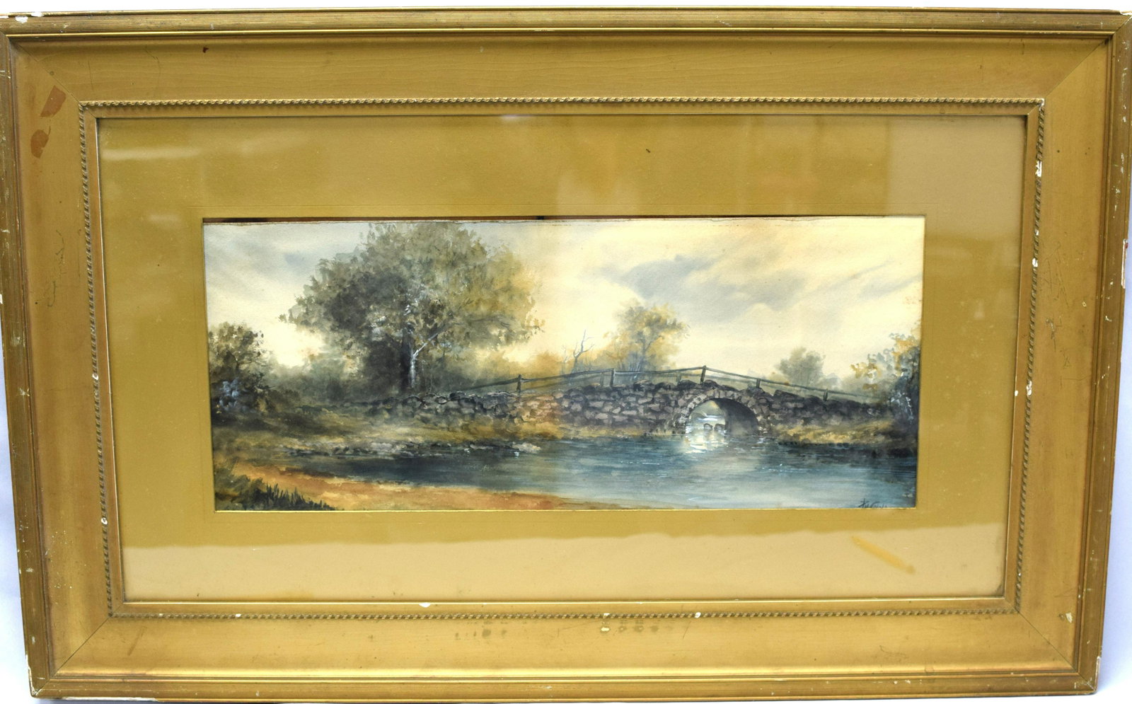FRAMED WATERCOLOR BY P.M. COLYAR: This is a lovely watercolor of a bridge/landscape. Well done with bright colors. Fully signed by New Bedford, MA. artist, Pauline Meyer Colyar (1873-1928). Nice original frame with some minorgold loss