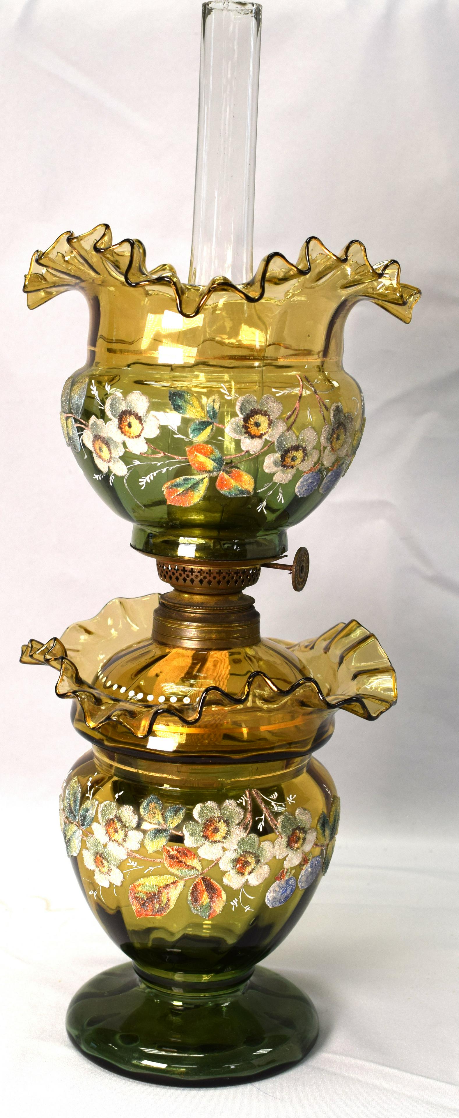 VERY RARE ALL ORIGINAL CORALINE OIL LAMP PAINTED: Very unusual 1877 floral painted Coraline oil lamp. All original, including glass chimney. Floral painted base, shade and oil reservoir in green glass. Burner is marked H.G. MOLHRING,1877. Absolutely 