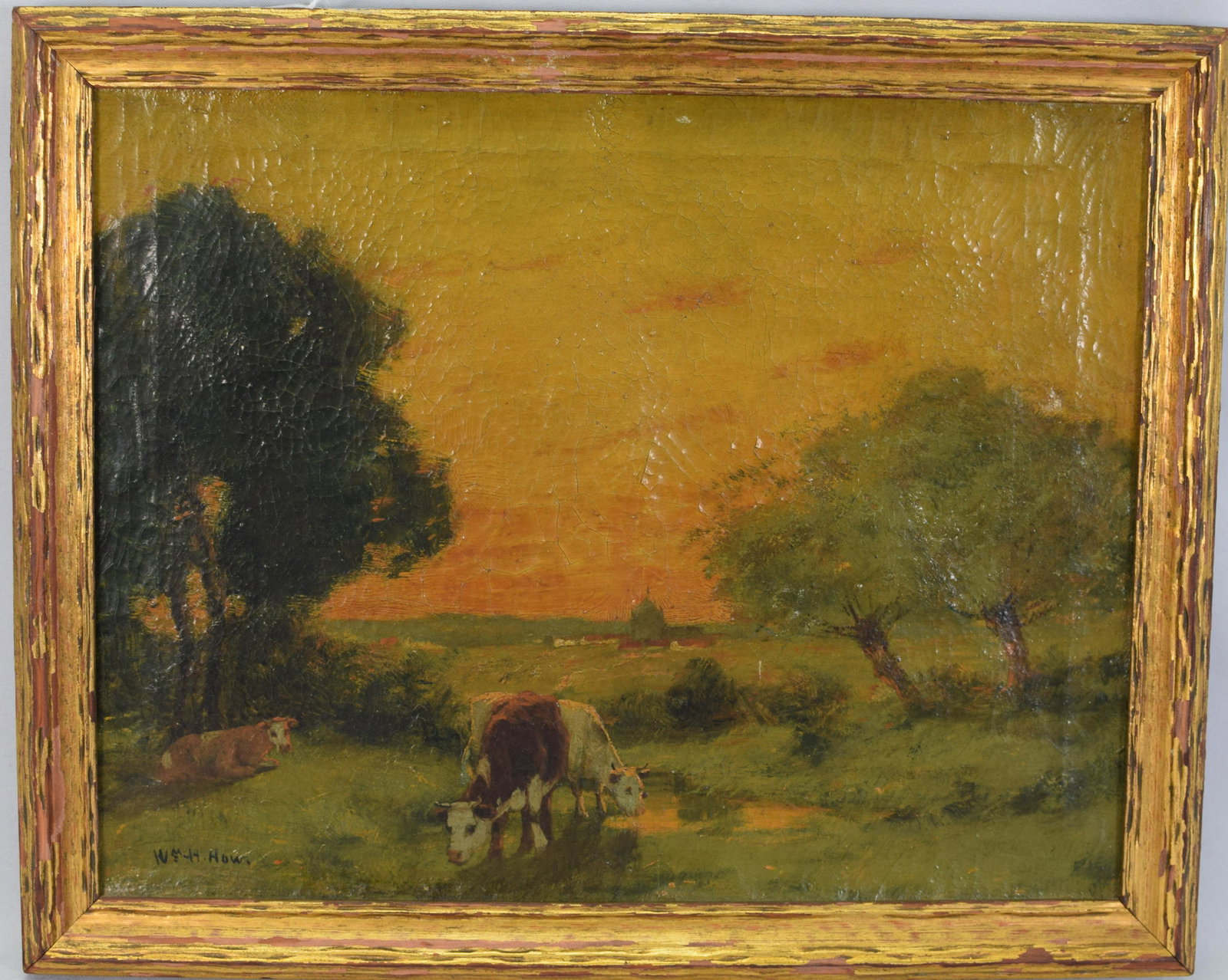 WILLIAM HENRY HOWE FARMSCAPE, OIL ON CANVAS: A nice little impressionist oil painting by New York artist William Henry Howe (1846-1929). It's a landscape featuring 3 cows in the foreground. Signed Wm. H. Howe. Painting measures 11 x 14 in.Small 