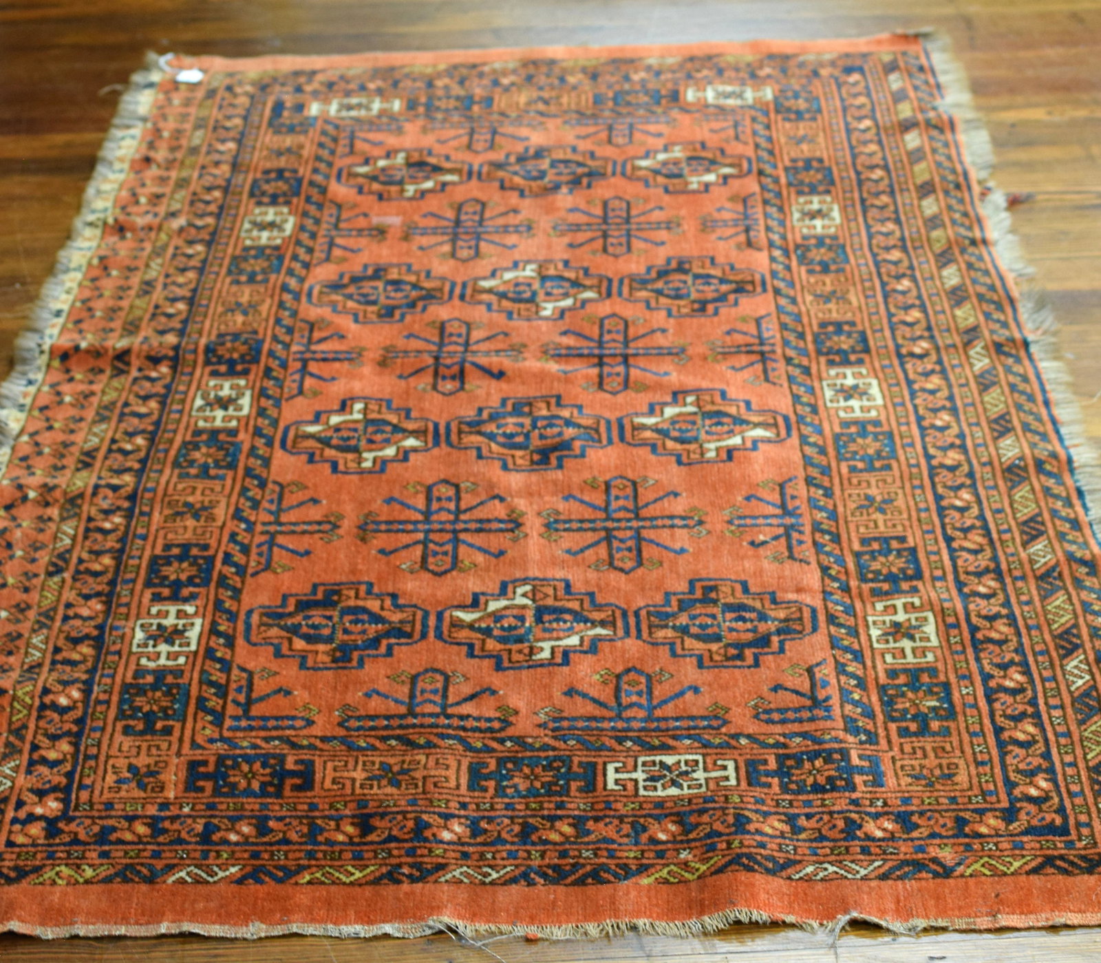 LARGE ENSARI TURKMAN DESIGN BAG FACE: Large Ensari Turkman design bag face. Good condition with old repair, some repiling. Measures 74 x 45 in. Damage/ loss to edge.