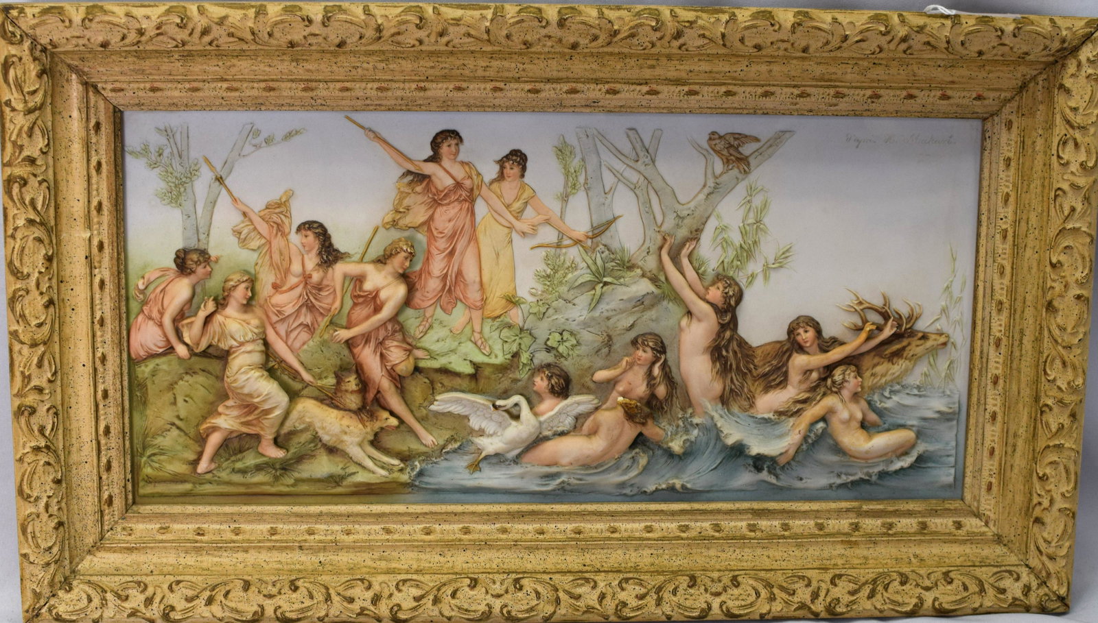 19TH CENTURY TRIUMPH OF ARIADNE PLAQUE HANS MAKART: Lovely 19th century raised porcelain bisque plaque after Austrian artist, Hans Makart. Measures 18.5 x 9 in. The scene is after the original painting titled the TRIUMPH OF ARIADNE. One of the raised f