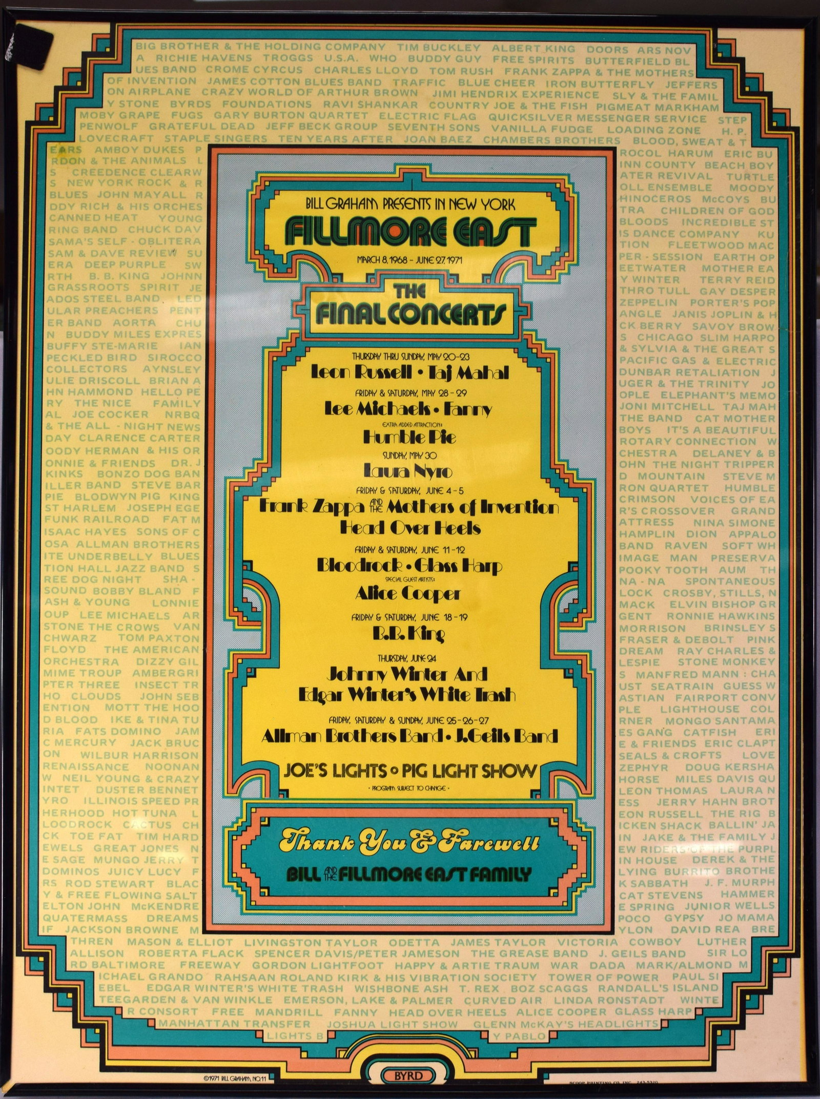 Fillmore East 1971 'The Final Concerts' Poster: Original color 18 x 24.5 in. poster for "The Final Concerts" of New York's famed Fillmore East music venue in May and June of 1971, which lists the following dates and performances: Leon Russell and T