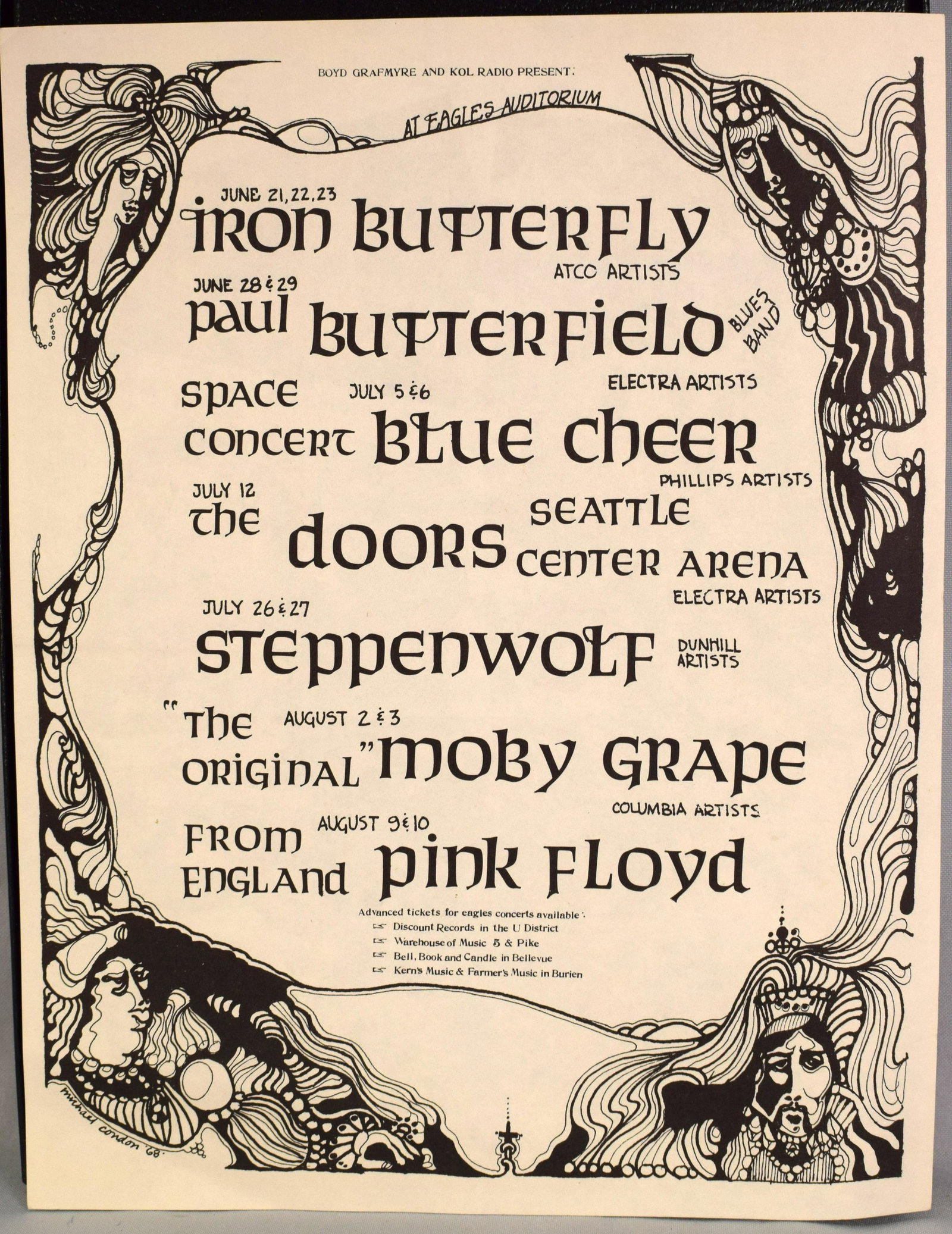 Original Doors, Pink Floyd, Iron Butterfly: Original dual-sided 8.5 x 11 handbill for concerts presented by Boyd Grafmyre and KOL Radio at Seattle's Eagles Auditorium in June and August of 1978, which lists "From England, Pink Floyd" onAugust 9