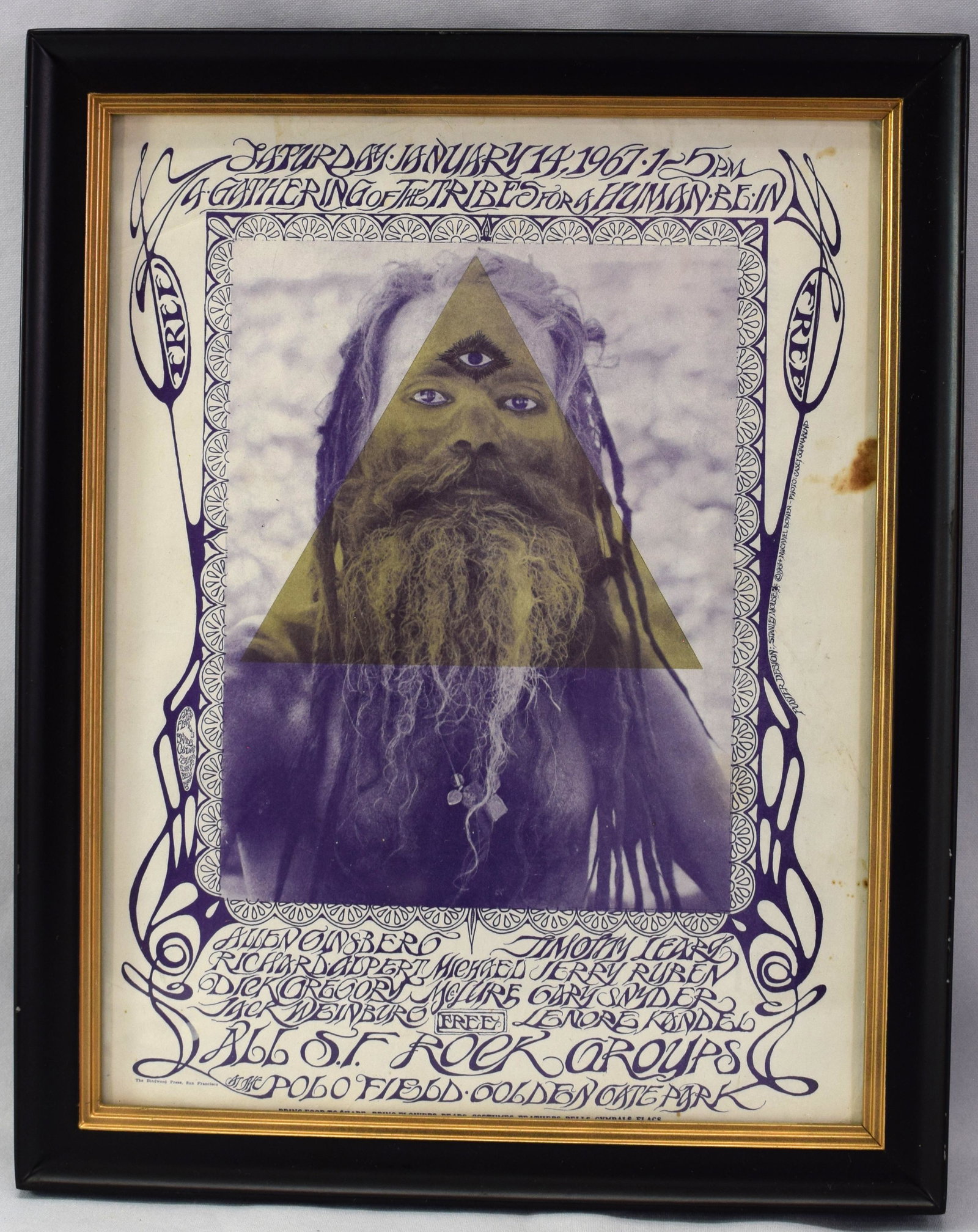 Handbill for the 1967 Human be-in. The Doors: This is a handbill for the 1967 Gathering of the Tribes, a Human Be-in which featured many San Francisco bands, poets and Timothy Leary. Framed, great color. 10 x 12 in.