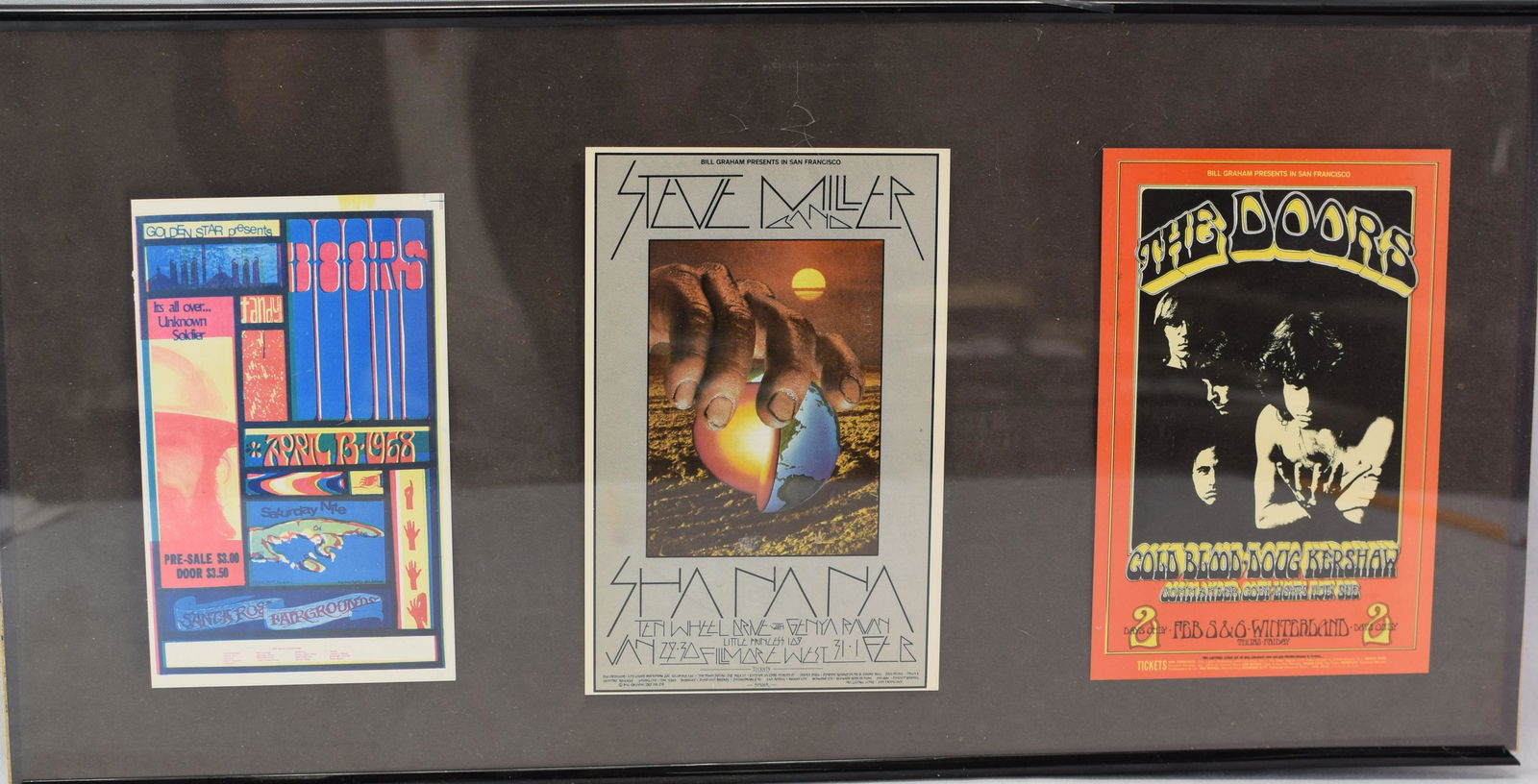 Lot of 3 Steve Miller Band the Doors hnadbills: 1968 Doors in Santa Rosa, The Doors at Winterland and Steve Miller Band with upcoming Bill Graham shows on back. Nice clean lot, excellent condition.Nicely framed behind plexi-glass. Framed 10 x 20 in