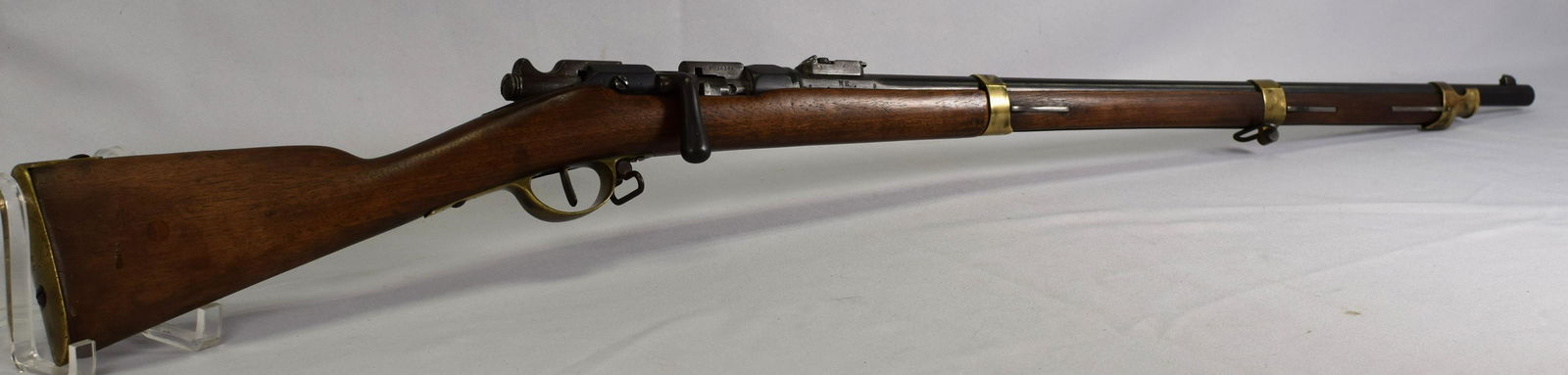 FRENCH St ETIENNE MODEL 1866-74 CARBINE RIFLE: French. 11mm, 31.5" rifled round barrel, octagonal at the breech. Marks and dated "S.1872," S-187630306 all matching except end of bolt 22396. Barrel marked "St. Etienne Mle 1866. Three brass banded w