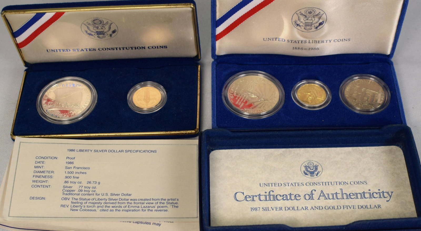 2 US GOLD AND SILVER PROOF SETS: This lot is for a 1986 United States Liberty coin proof set which includes Silver dollar, silver half, and a .999 gold $5 coin. The second is a 1987 United States Constitution proof coin set. 1 US sil