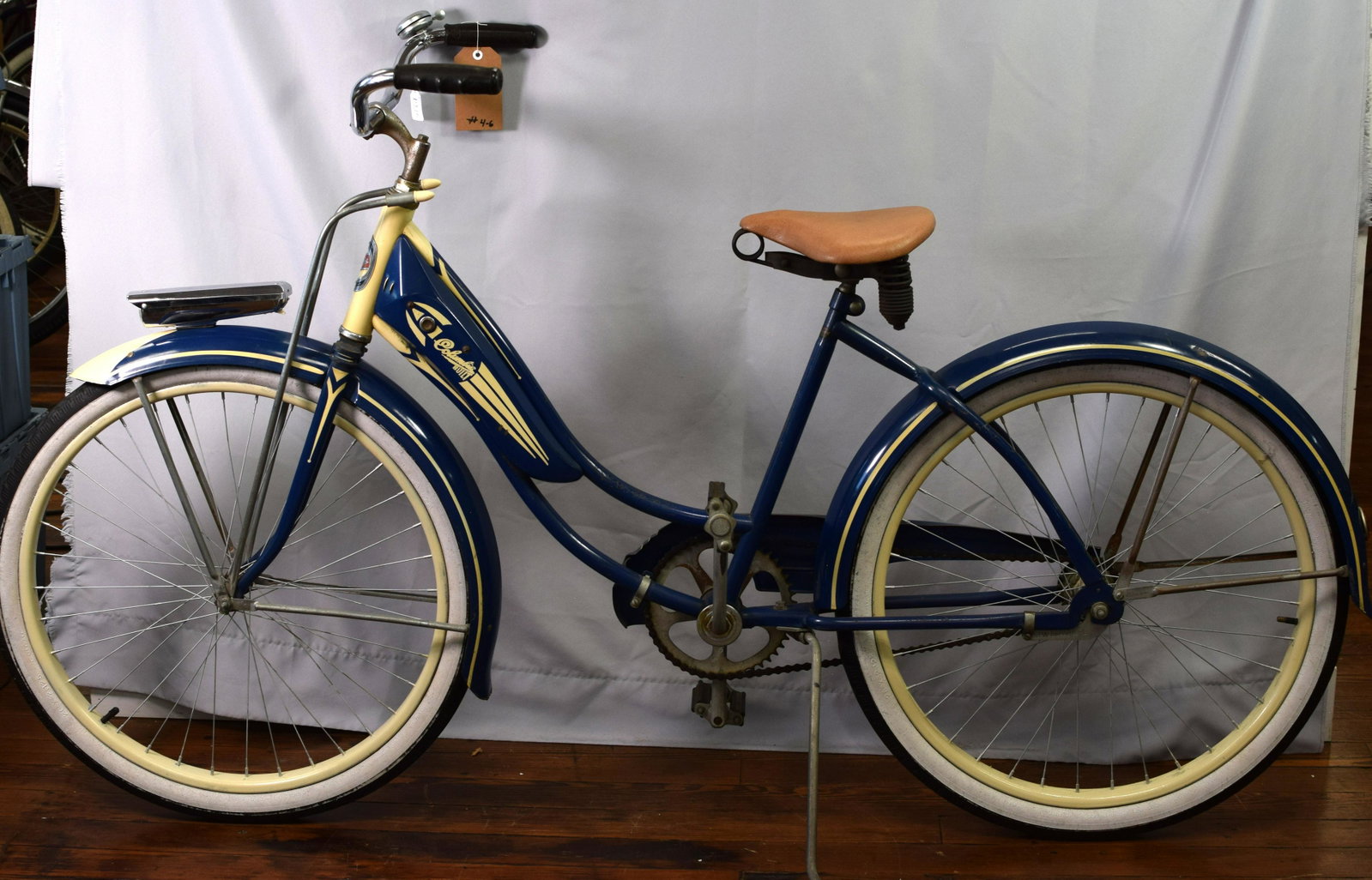 1953 GIRLS COLOMBIA 26 IN ALL ORIGINAL BICYCLE: Beautifully maintained 1953 Girls 26 in bicycle in blue. All original, wide white wall tires. Exceptional condition with very few paint issues. Great, all original bicycle.