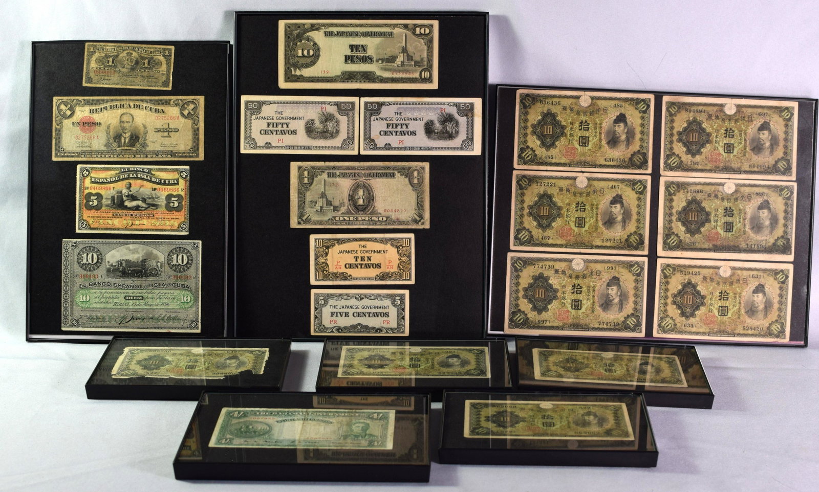 FRAMED CUBA, CHINESE, AND JAPANESE BANK NOTES: Consists in 1) Early Cuba money three 1896 and one 1938. Framed in circulated condition. 2) Japanese war period money, 6 pieces. Framed. Circulated. 3) Chinese bank notes 6 pieces. Framed. 4) Fourfram