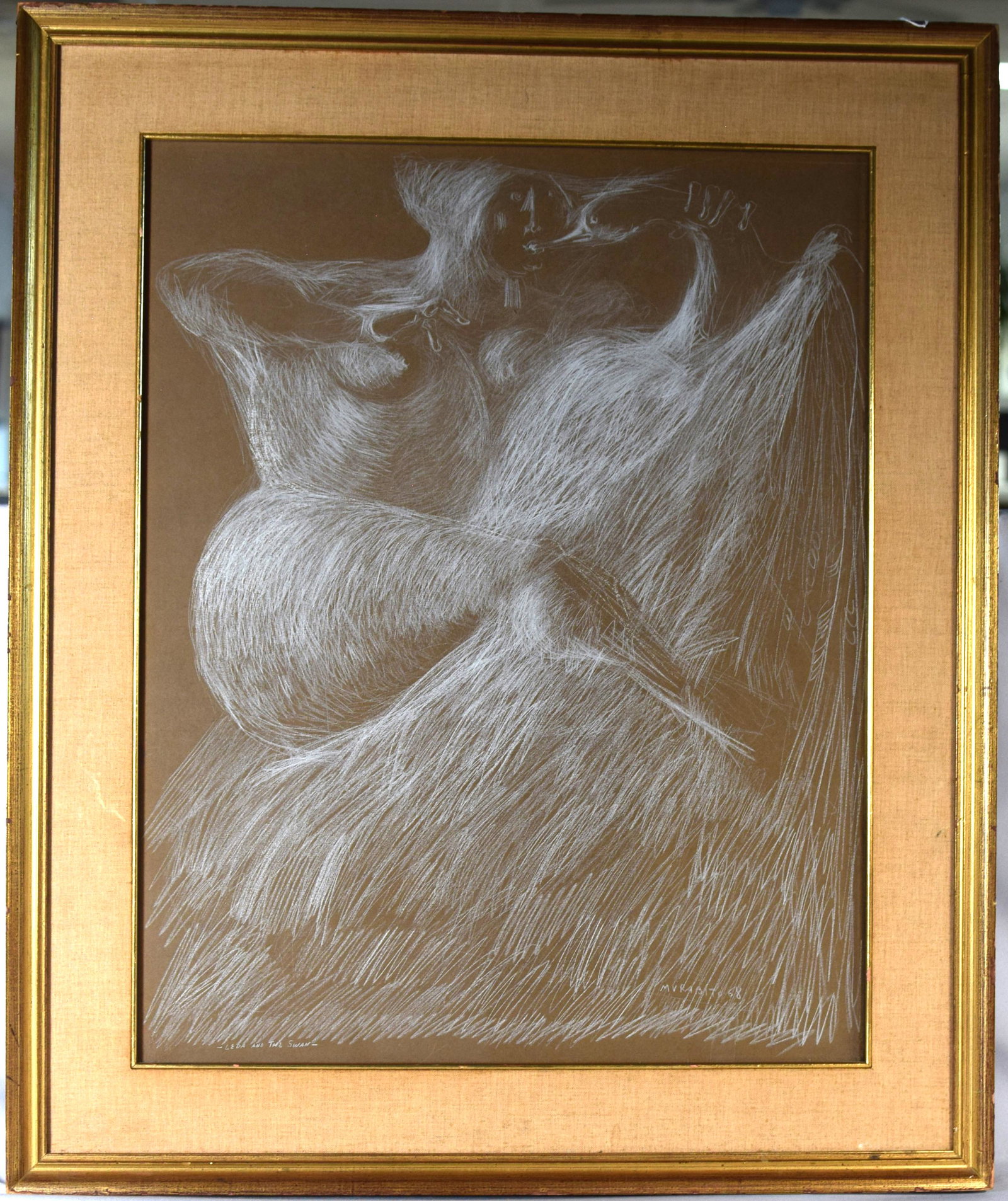 ROSARIO MURABITO PASTEL PAINTING: Pastel on paper. Image 18 inches x 22 inches. Framed under glass 24 inches x 29 inches. Abstract of woman with swan, titled Leda and the swan.. Signed and dated lower right. Listed artist1907-1972. Go