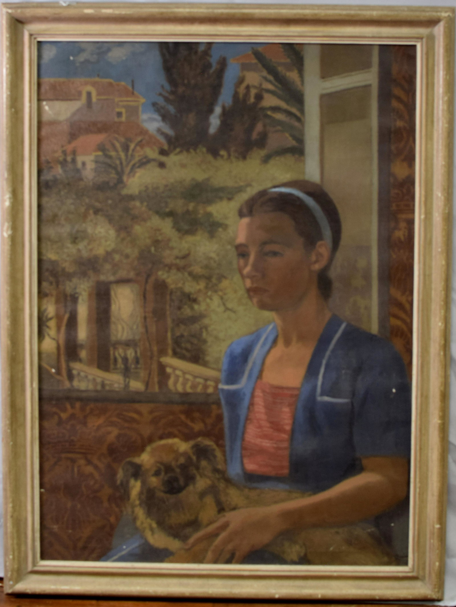 EDMUND QUINCY 1903-1997 OIL PAINTING: American Listed 1903-1997. Seated girl with dog on her lap. Oil on canvas. Signed Quincy lower right. Painted in France 1930's. 30 inches x 42 inches. Framed 35 inches x 48 inches. Goodcondition.