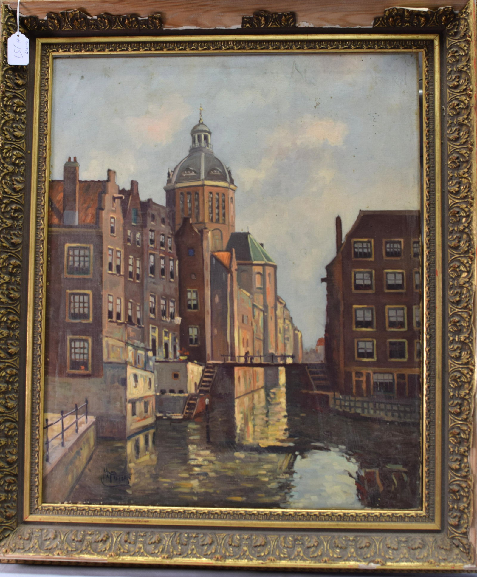 ITALIAN SCHOOL OIL PAINTING: Italian school oil on canvas framed painting of a European city scene with canal and bridge. Signed in lower left corner. Circa 1930's -1950's. Measures 30 inches x 25.5 inches. Painting is ingood con