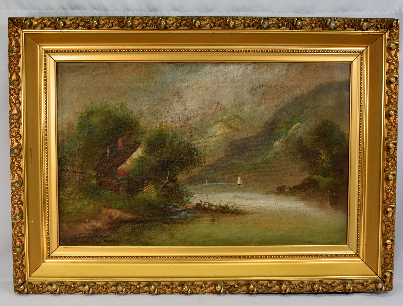 19TH HUDSON RIVER OIL PAINTING: Signed and dated 1889 lower left. Oil on canvas. Image 21 x 14 inches. Frame 28 x 20. Flaking of paint. sail boats and house on the side.