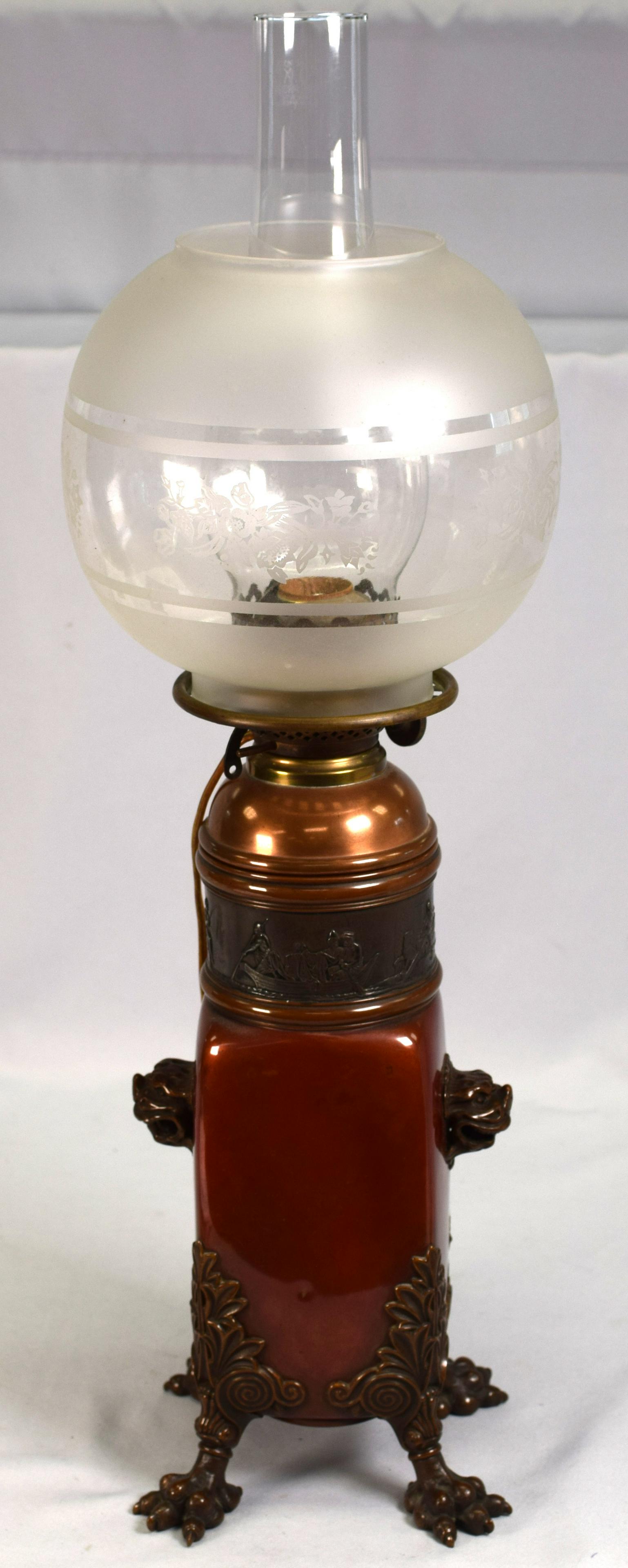 RARE GORHAM AESTHETIC MOVEMENT MIX METAL LAMP: A Gorham Mfg. Co. Aesthetic Movement mixed metal Copper and Silver with slag glass oil Lamp shade. Burner has been (electrified), Providence, Rhode Island, circa 1880 Marks: (anchor), Gorham & Co.,E 4