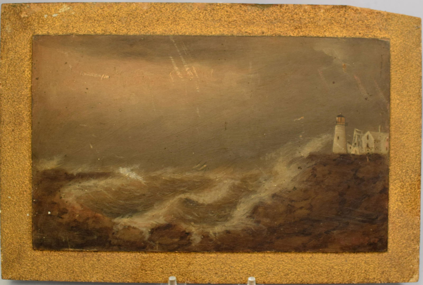 CLEMENT DREW GLOUCESTER LIGHTHOUSE PAINTING.: Clement Drew (American 1806-1889). Oil on raised panel. Cellar find. Image 10 inches x 6 inches. Signed lower right. Panel overall 12 inches x 8 inches. Self-frame. Title on back. Eastern Pointlight G