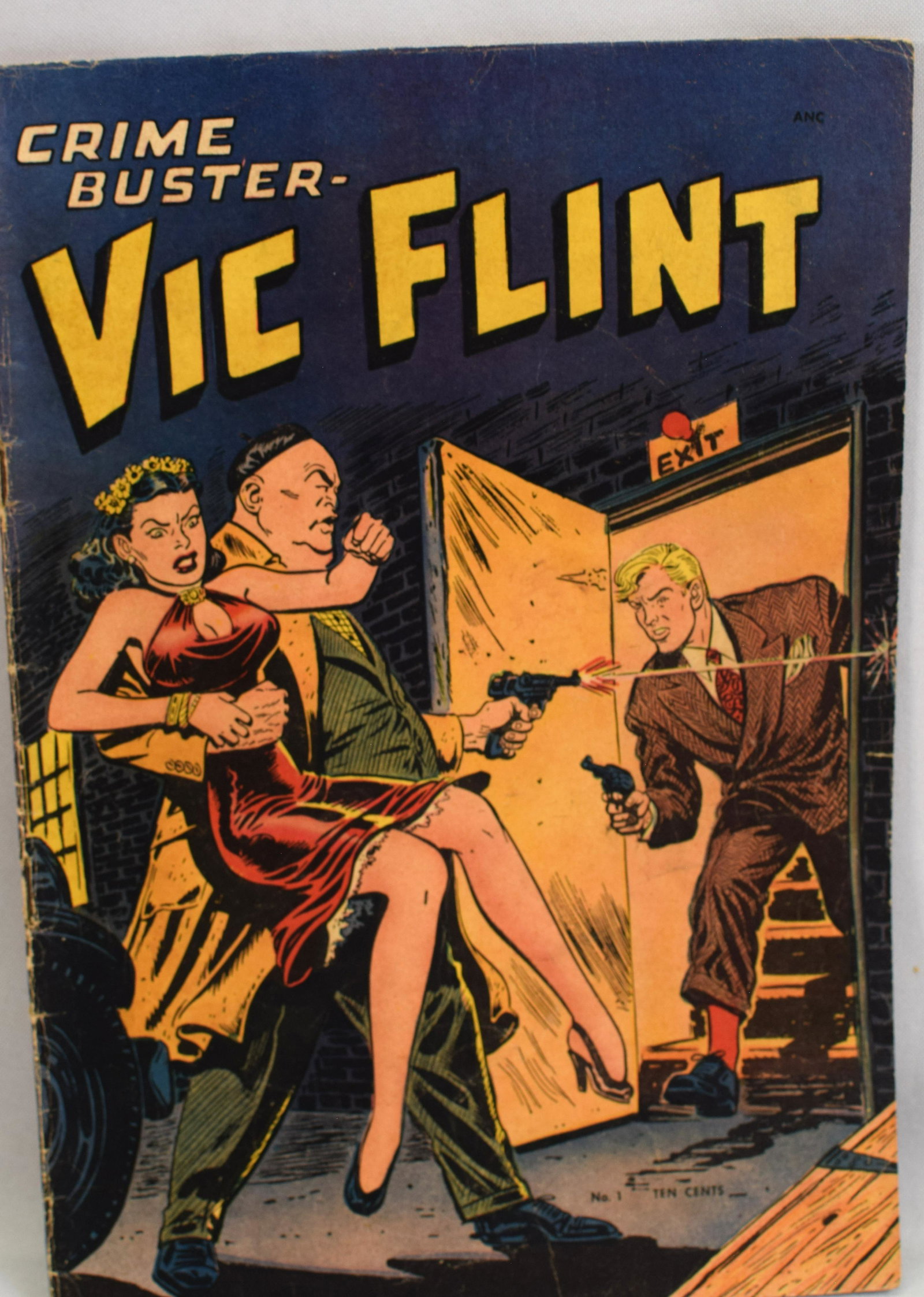 VIC FLINT #1 COMIC BOOK: August 1948 #1. Cover with minor overall, Most slight wear along spine, Minor roughage bottom edge. Back cover some minor stains outside edge. nomal wear a little dirty. All pages. Interiorfair but a 