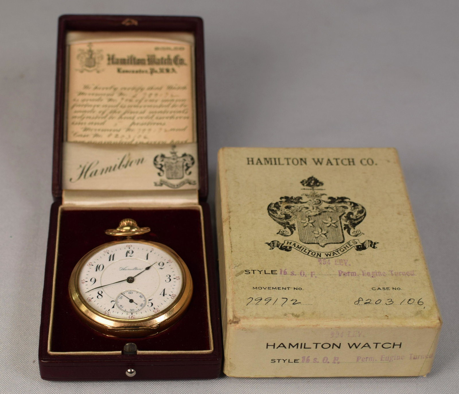 HAMILTON OPEN FACE 17 JEWEL POCKET WATCH: Great to have all the original pieces. Original outer box plus the fitted interior box. All numbers match up. Size 16. Open face, 17 jewels, gold plated. Watch is in working condition. Watch case, cry