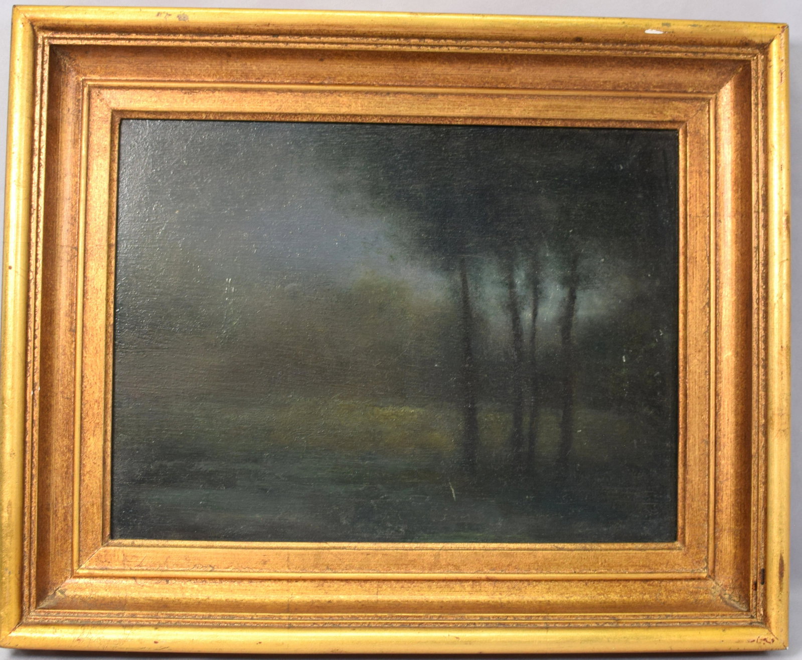 CHARLES KOLNIK OIL PAINTING: Charles Kolnik (New York 1951-2020). Oil on board. Title and dated on back. Titled "Storm of summer" C. Kolnik 1-76" Image 12 inches x 9 inches. Frame 16 inches x 13 inches. 1 3/4 inches thick.Shippin